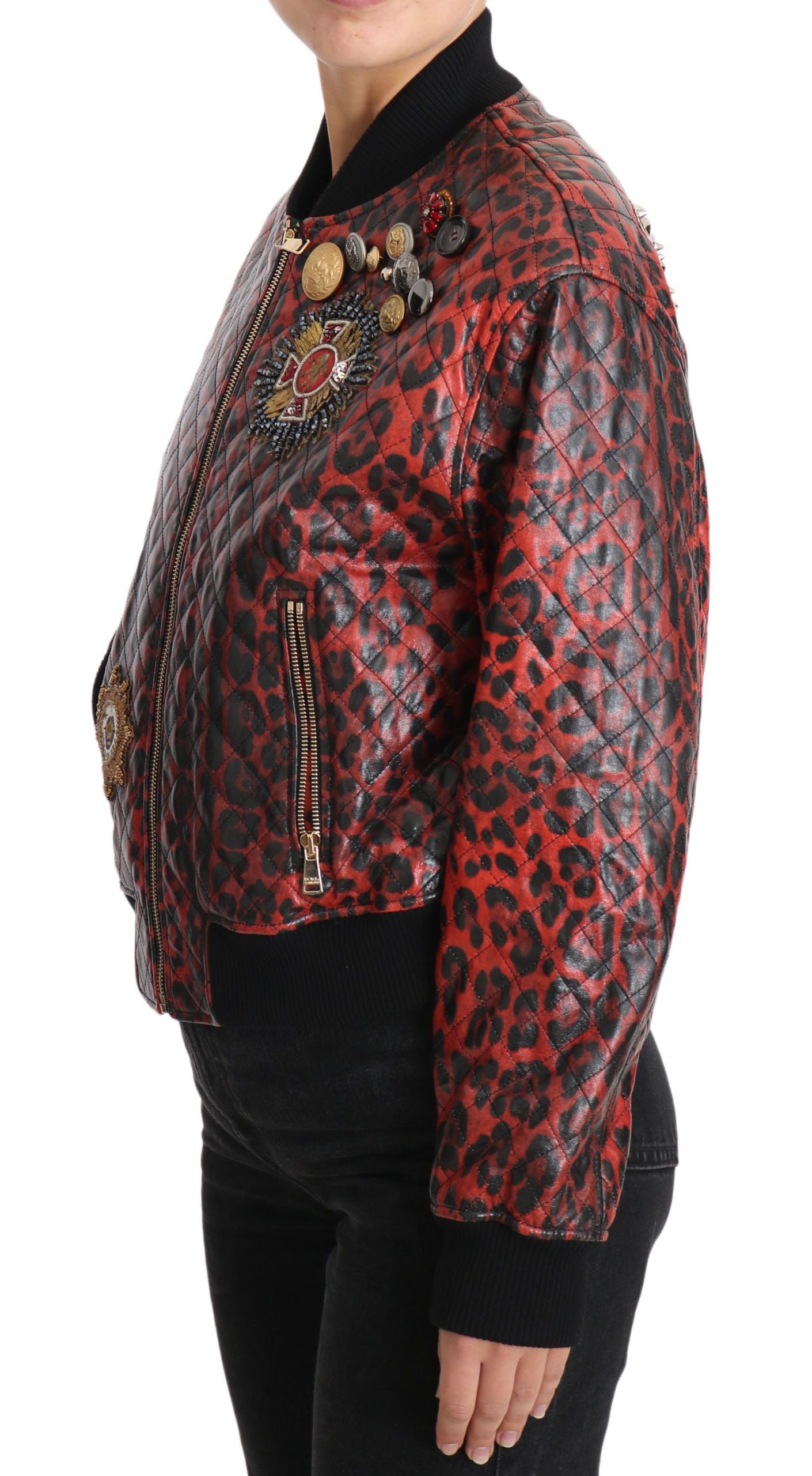 Δερμάτινο μπουφάν Dolce &amp; Gabbana Red Leopard Bomber με Κρυστάλλινα Κουμπιά