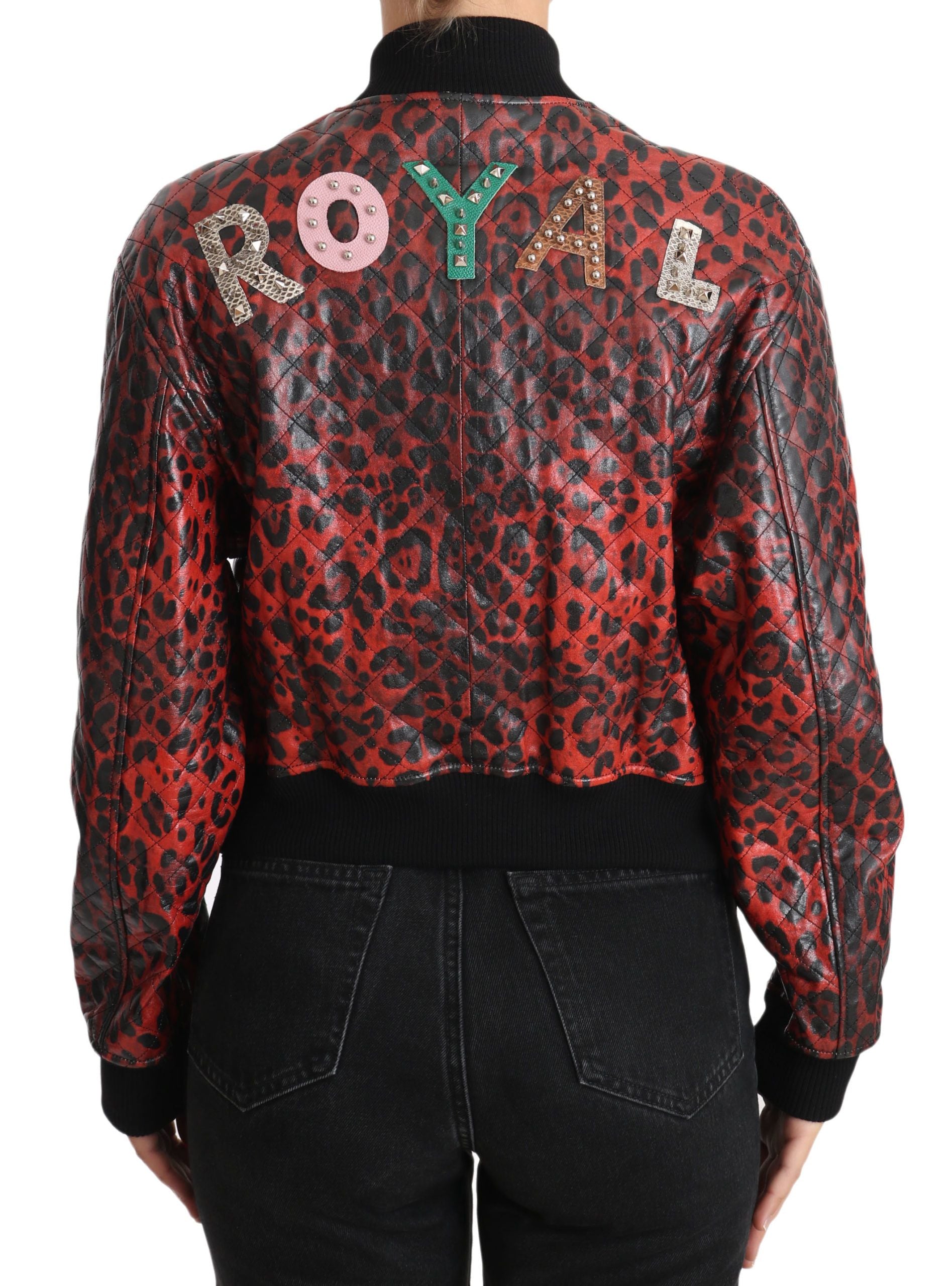 Δερμάτινο μπουφάν Dolce &amp; Gabbana Red Leopard Bomber με Κρυστάλλινα Κουμπιά