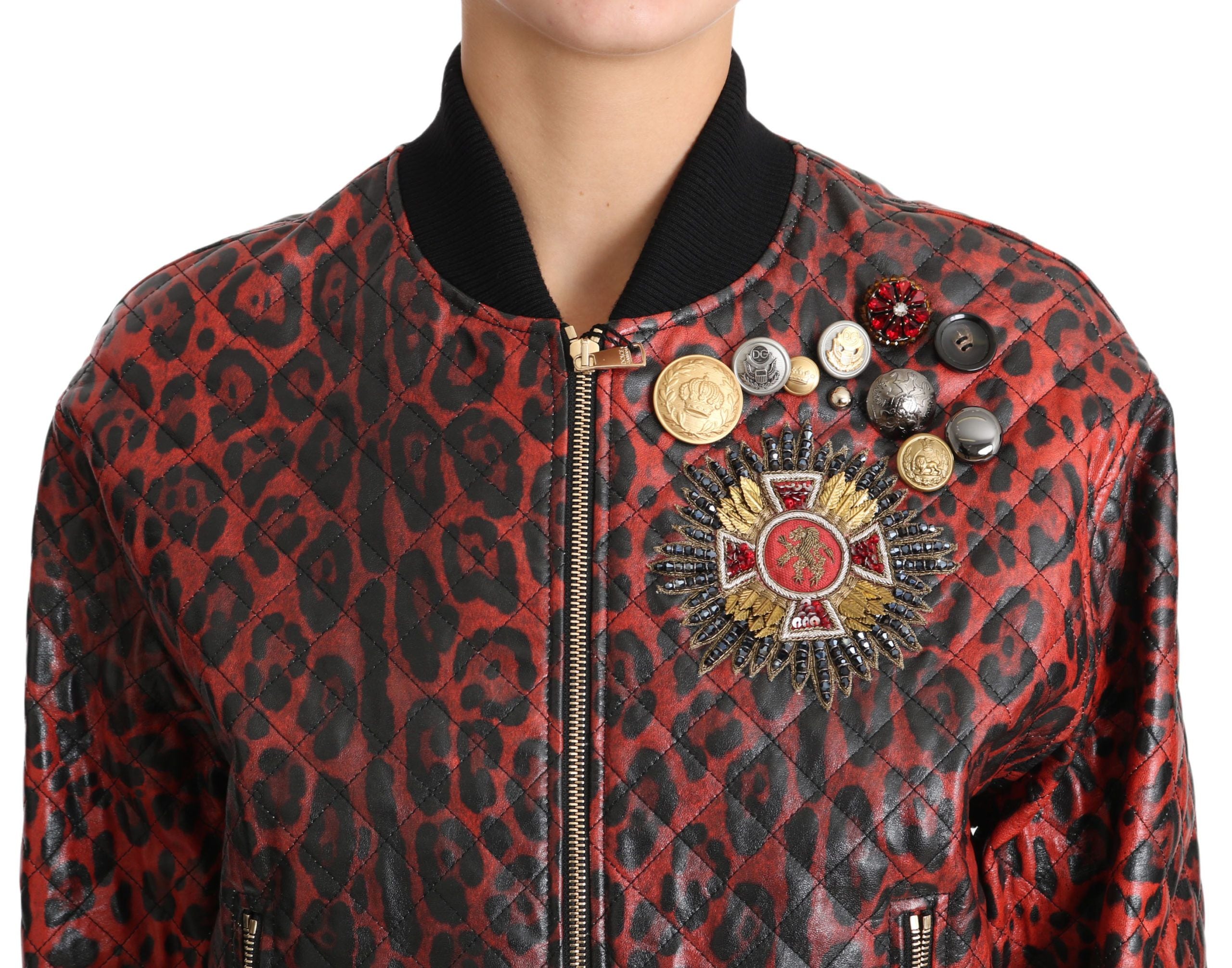 Δερμάτινο μπουφάν Dolce &amp; Gabbana Red Leopard Bomber με Κρυστάλλινα Κουμπιά