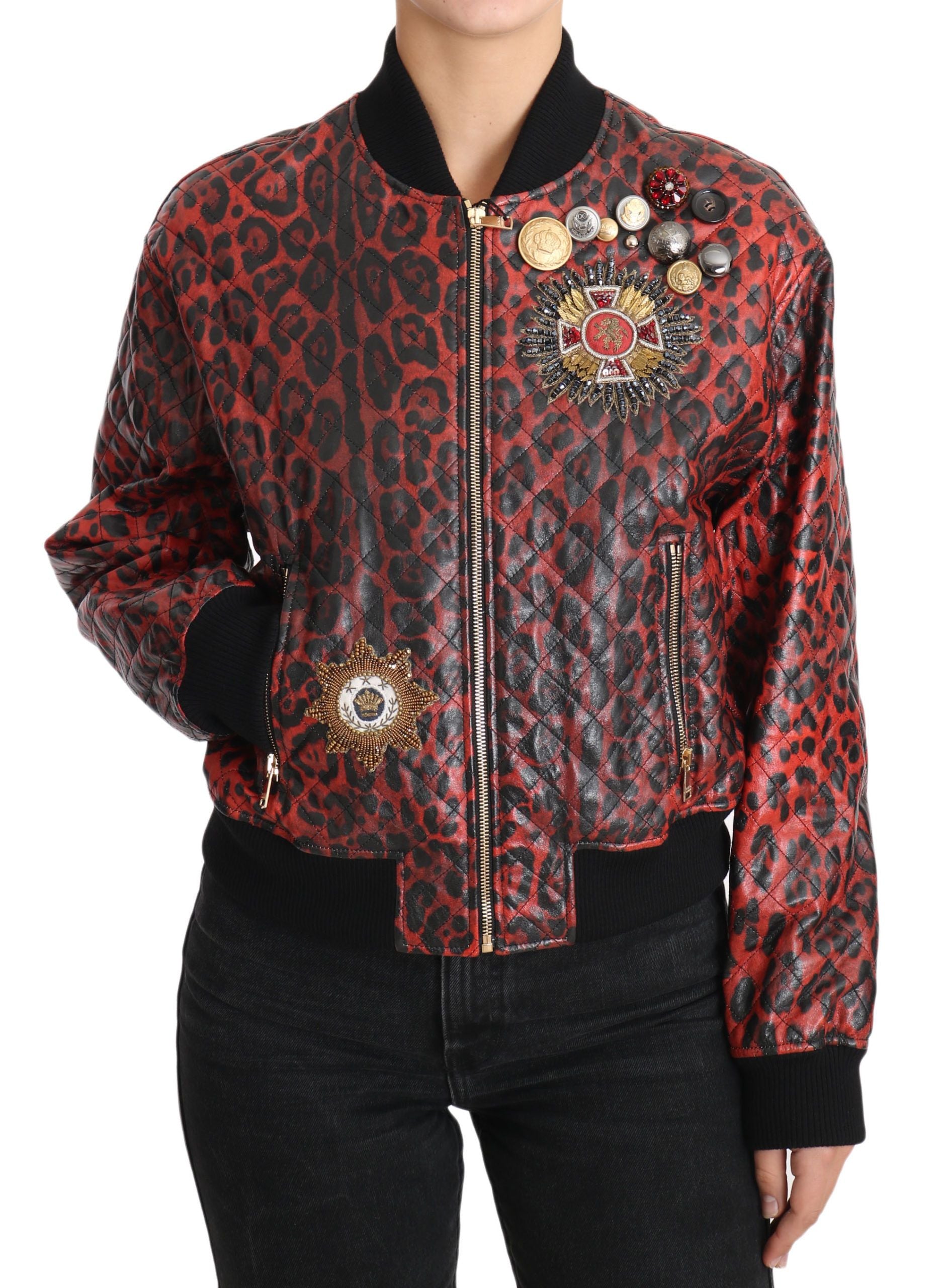 Δερμάτινο μπουφάν Dolce &amp; Gabbana Red Leopard Bomber με Κρυστάλλινα Κουμπιά