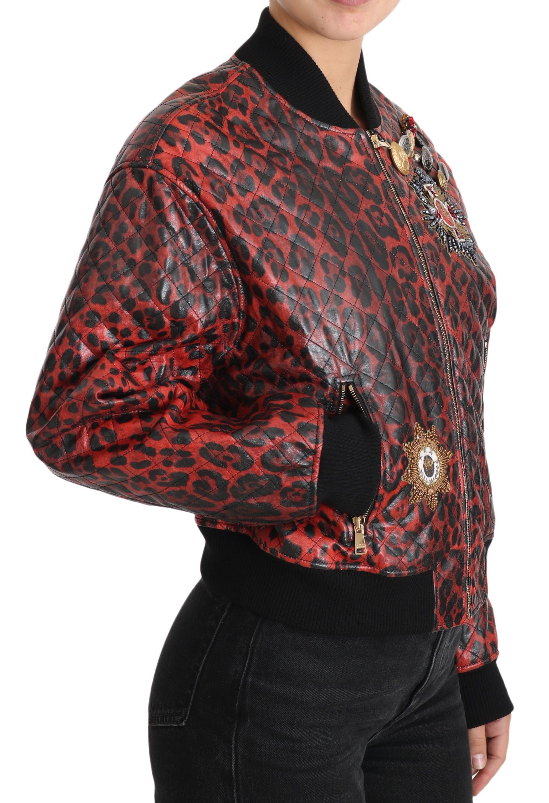 Δερμάτινο μπουφάν Dolce &amp; Gabbana Red Leopard Bomber με Κρυστάλλινα Κουμπιά