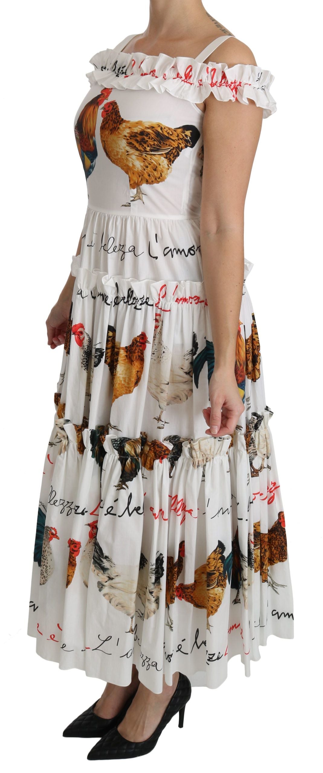 Dolce &amp; Gabbana Elegant White Rooster Sheath Midi φόρεμα