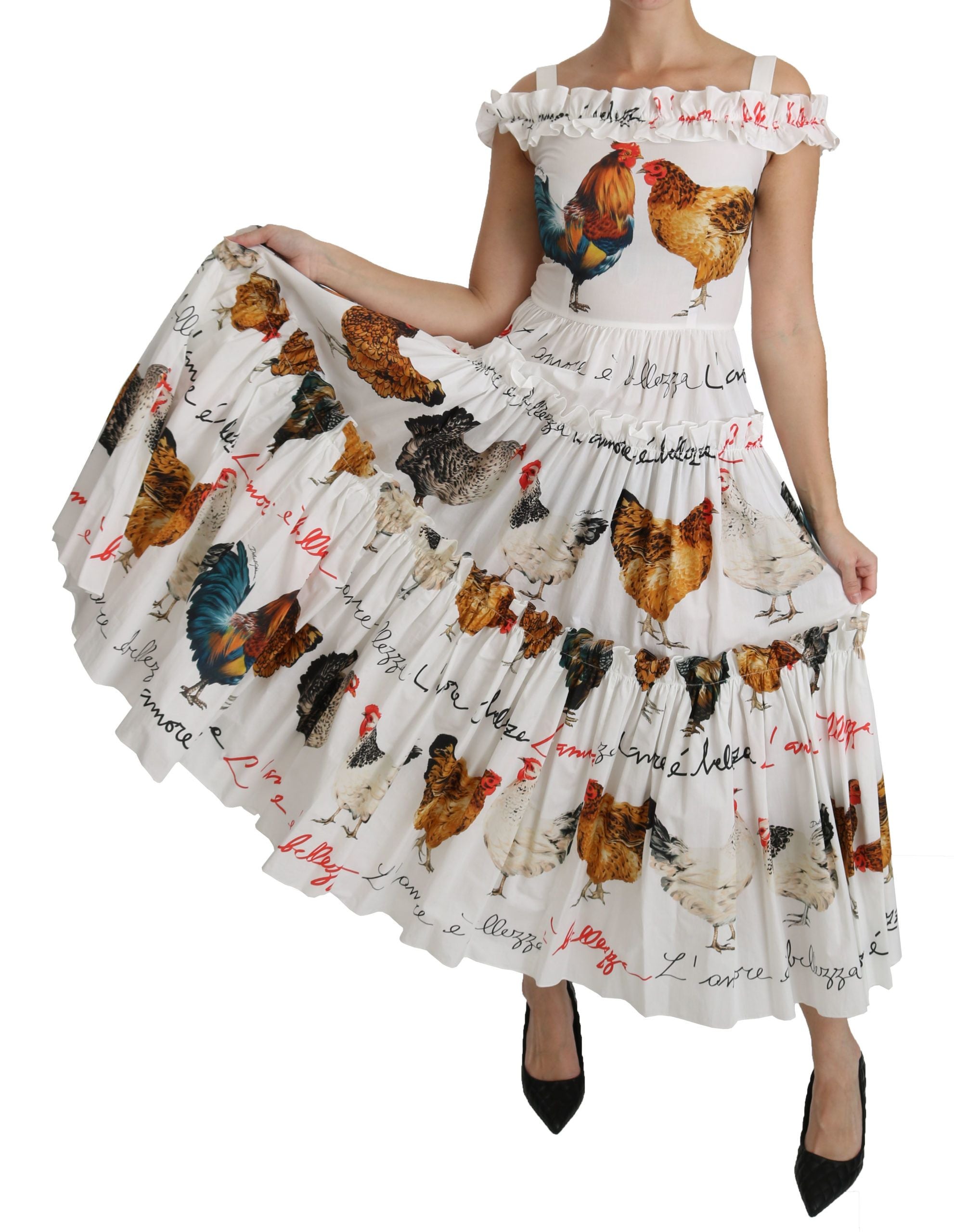 Dolce &amp; Gabbana Elegant White Rooster Sheath Midi φόρεμα