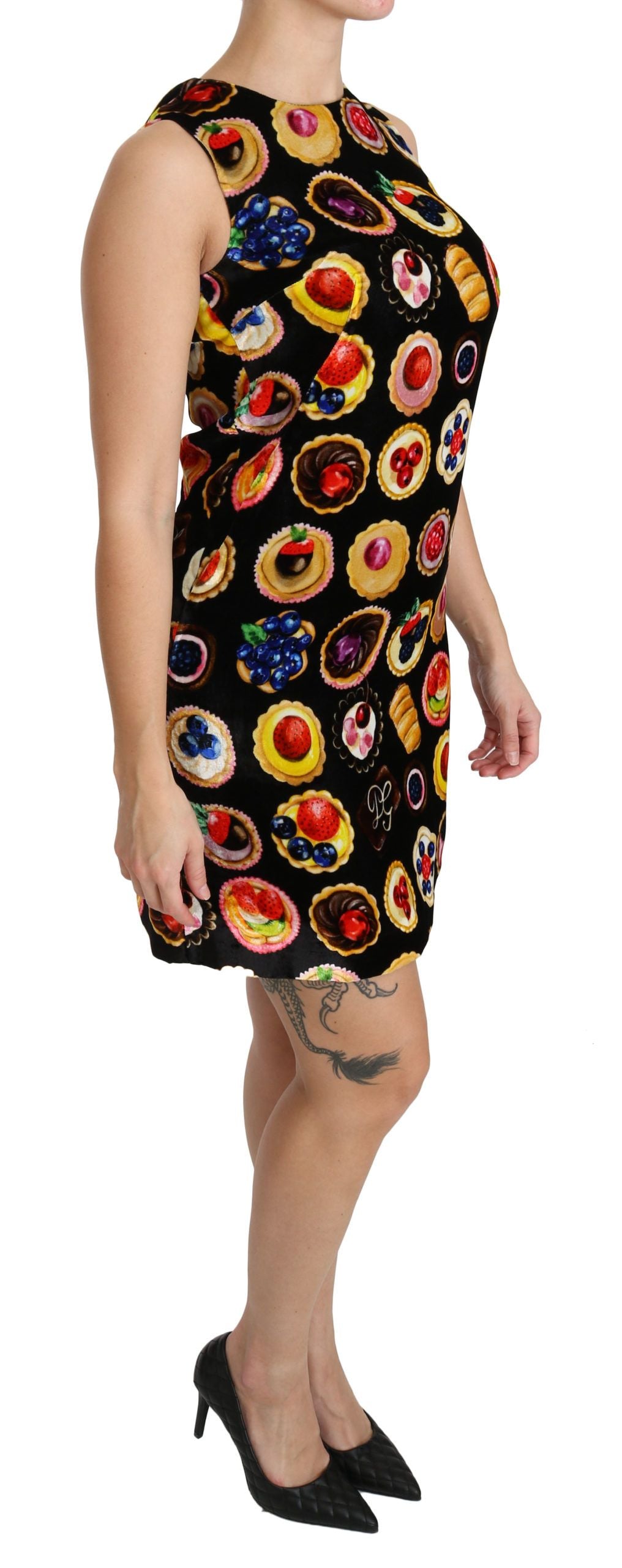 Dolce &amp; Gabbana Chic Black Desserts Print Shift Mini Dress