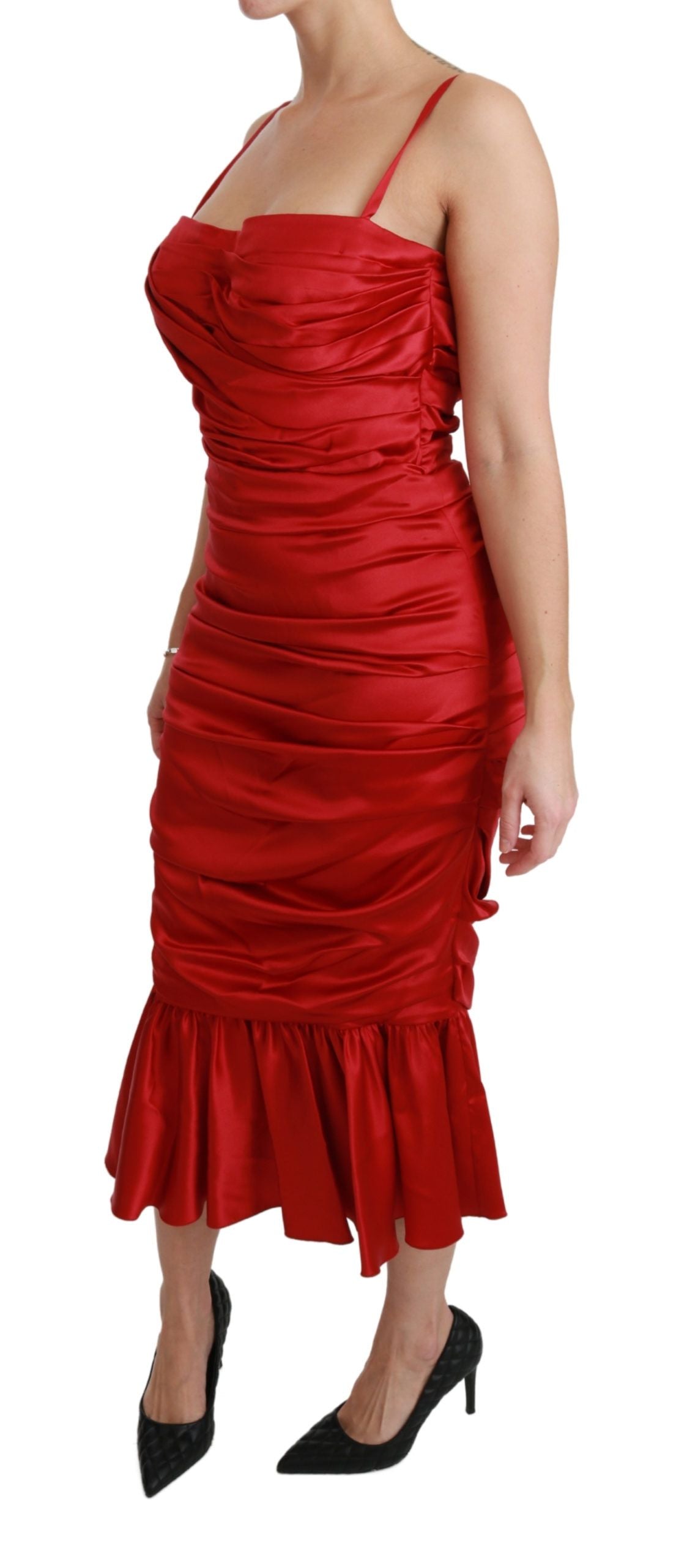 Dolce &amp; Gabbana Exquisite Red Silk Fit and Flare Midi φόρεμα