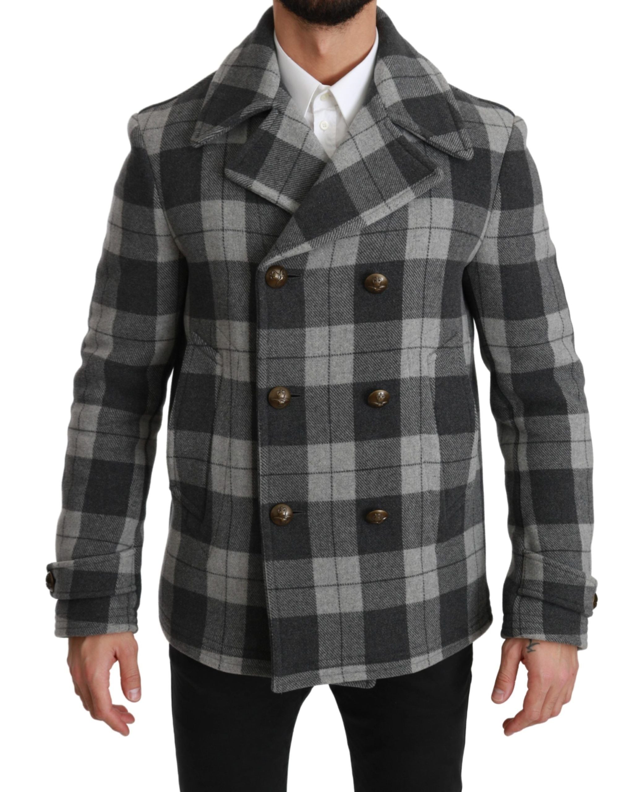 Dolce & Gabbana Elegant Grey Check Παλτό με διπλό στήθος