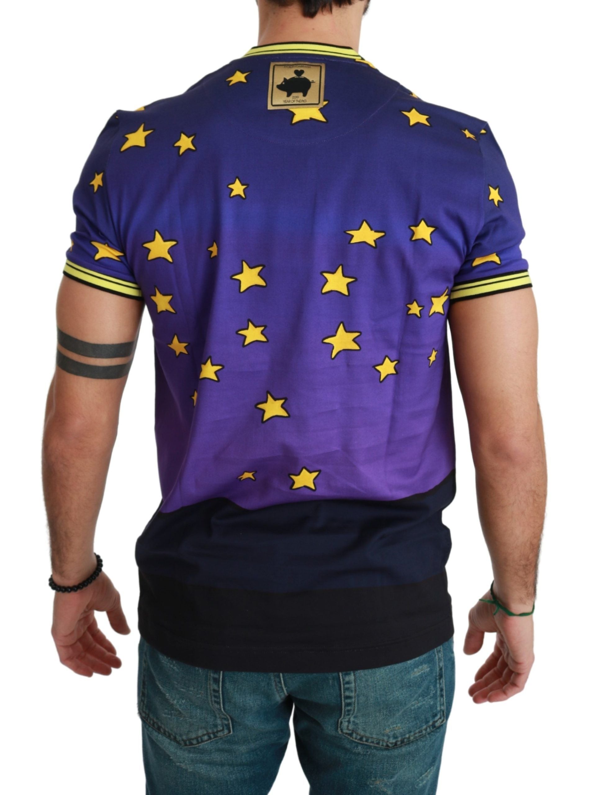 Dolce & Gabbana Purple Cotton Round Neck T-Shirt with Pig Motif