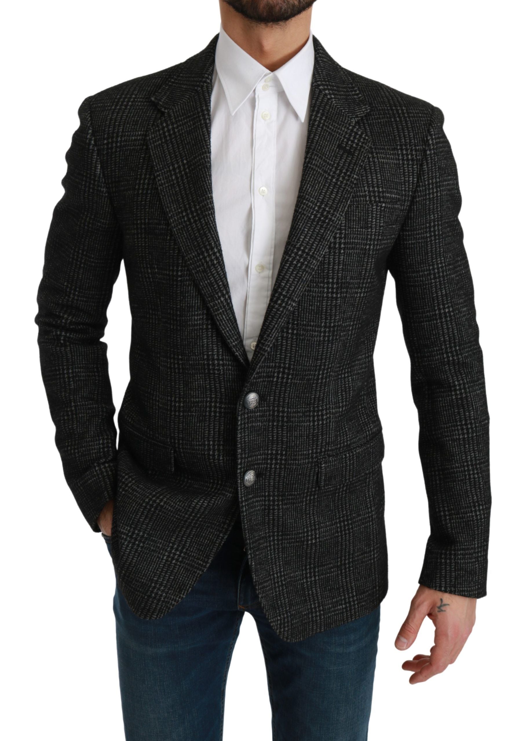 Dolce &amp; Gabbana Elegant Grey Plaid Slim Fit Blazer