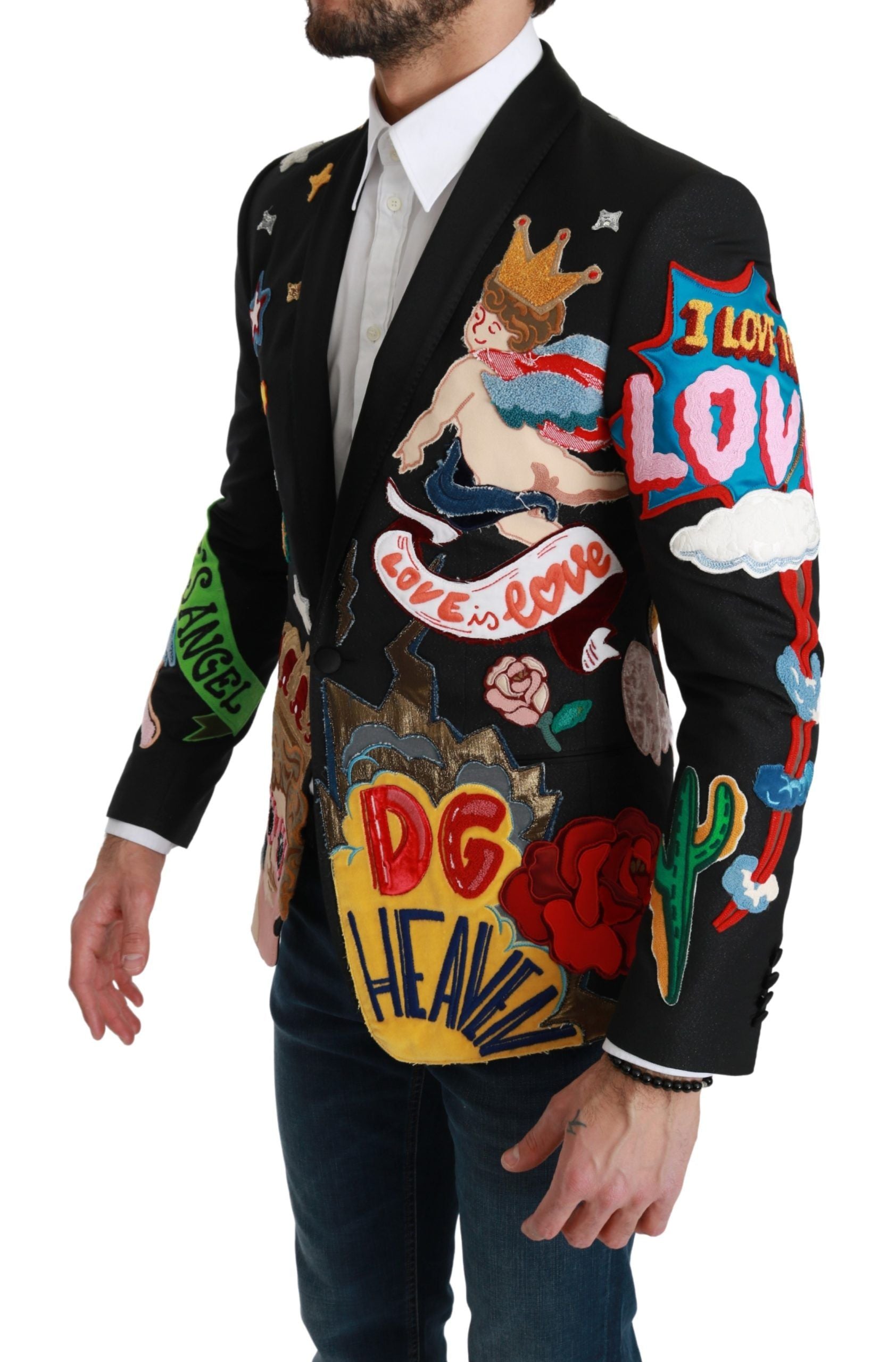 Dolce &amp; Gabbana Chic Μαύρο Πολύχρωμο Motif Slim Fit Blazer