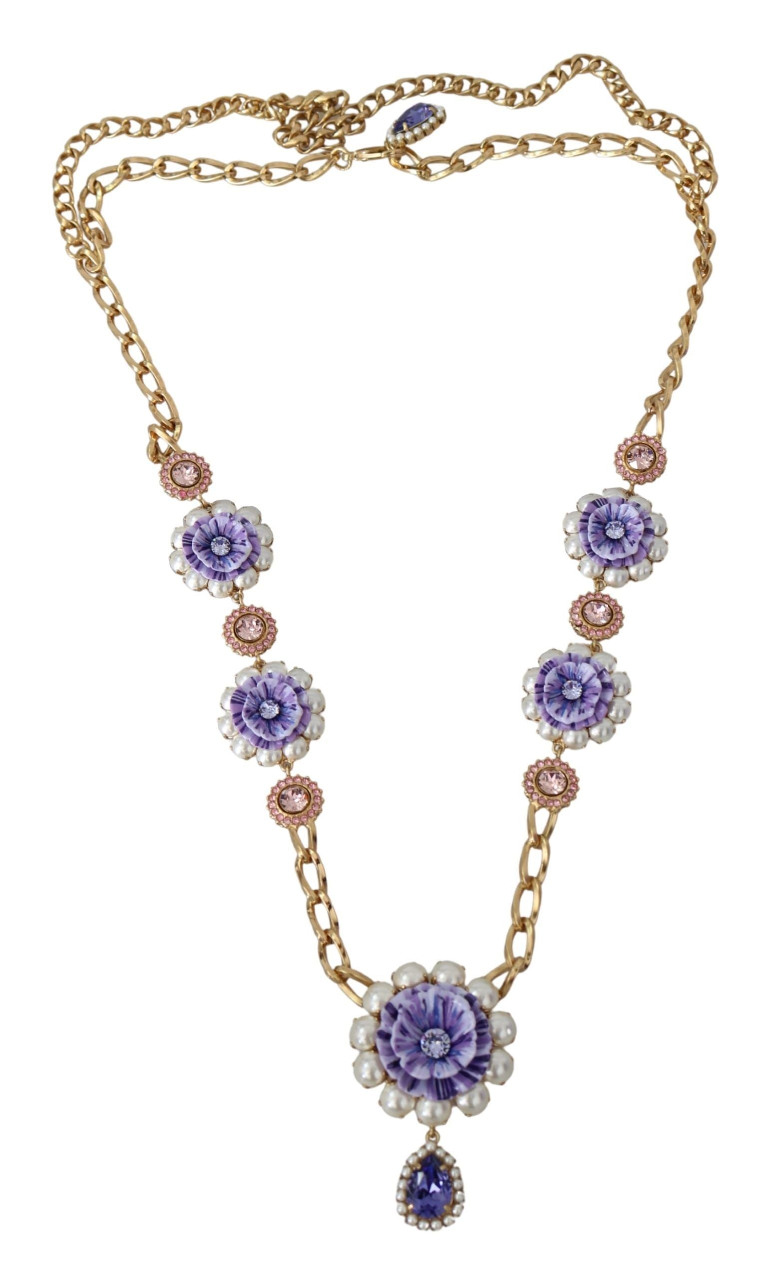 Dolce & Gabbana Elegant Gold-Tone Charm Necklace with Floral Motif