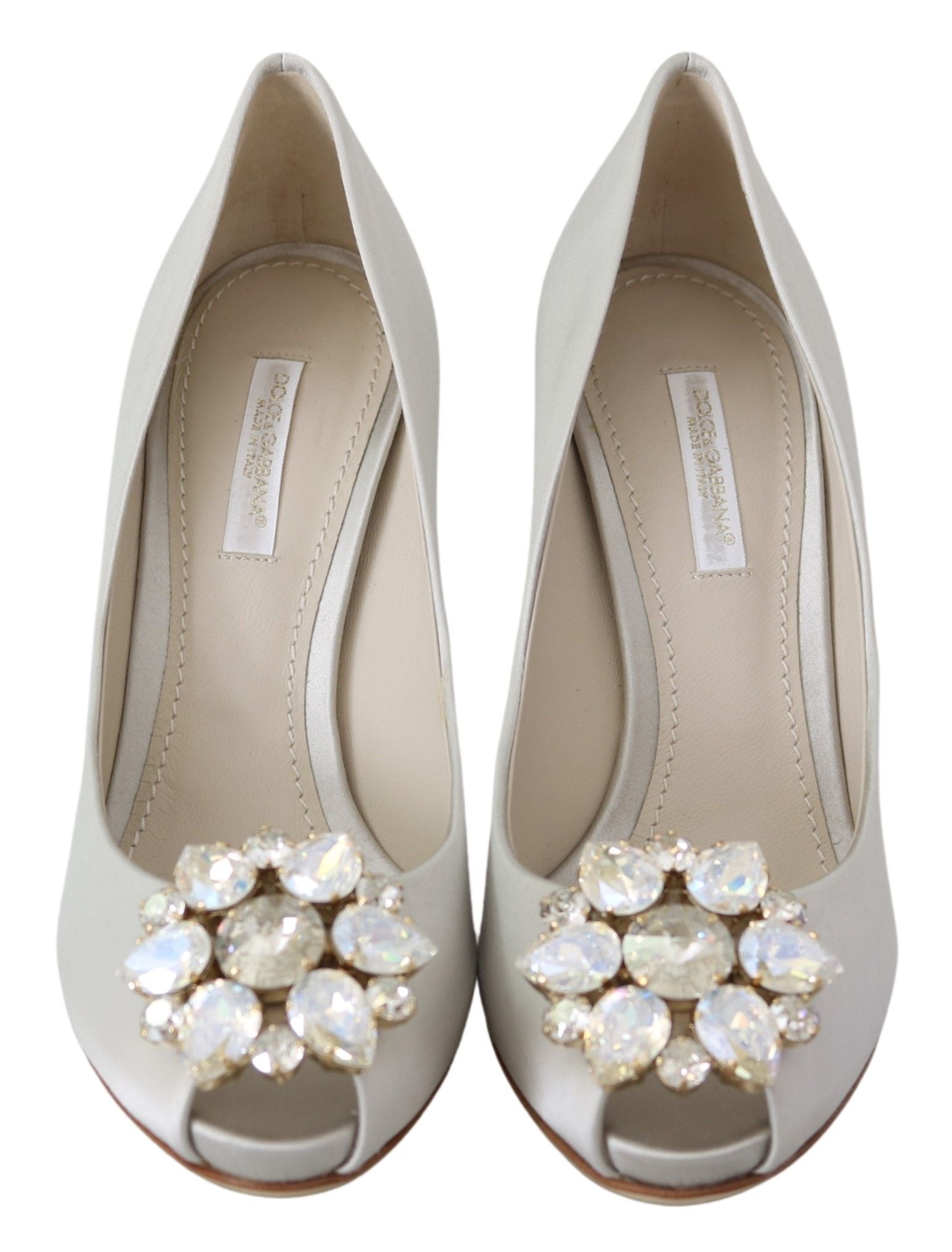 Γόβες Dolce &amp; Gabbana White Crystal Peep Toe Silk Blend Heels