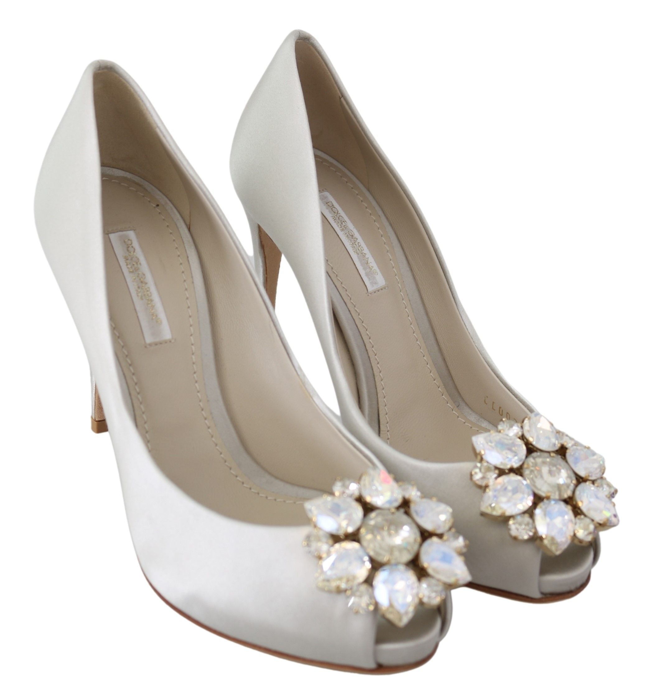 Γόβες Dolce &amp; Gabbana White Crystal Peep Toe Silk Blend Heels