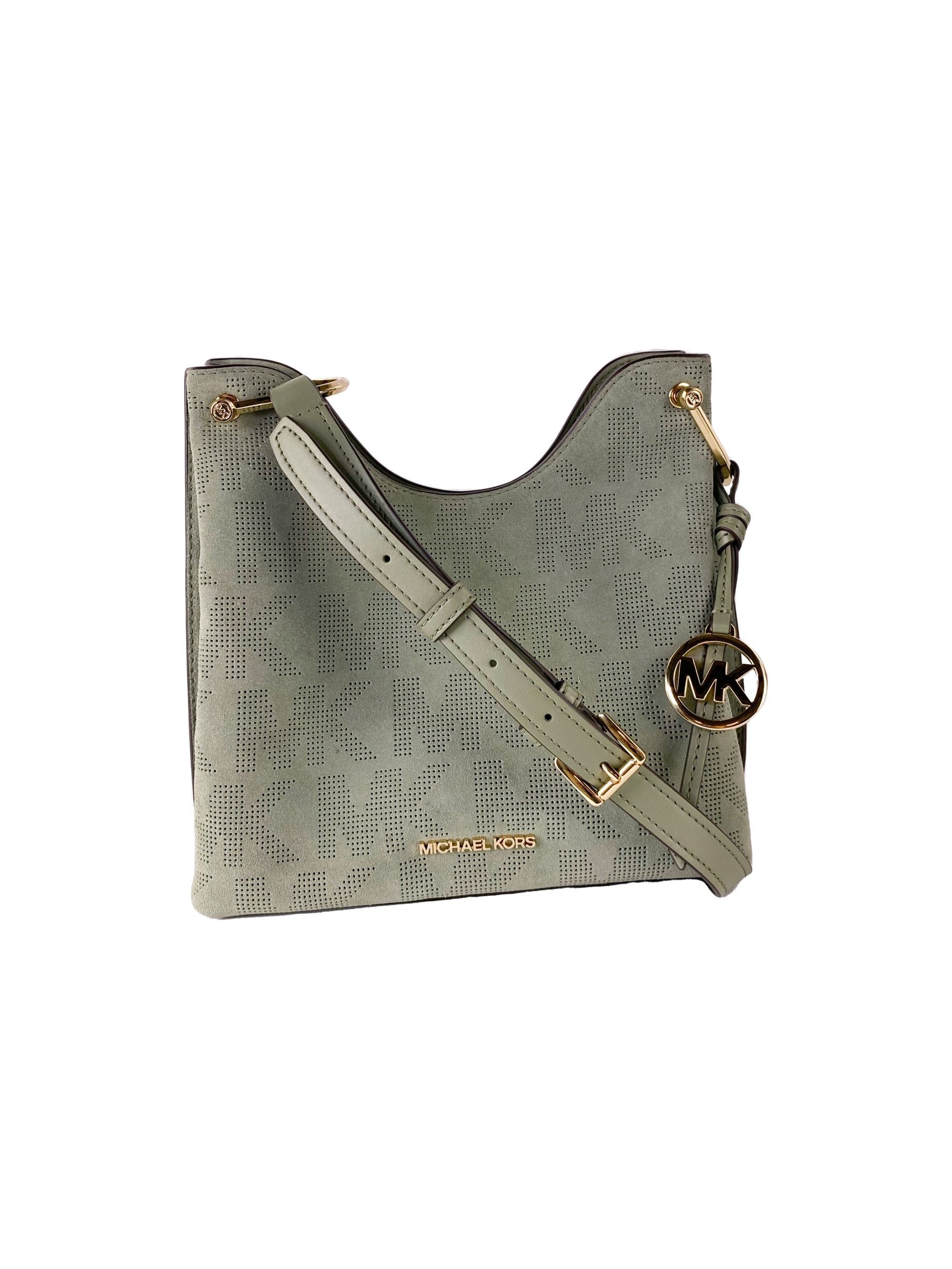 Michael Kors Joan Large διάτρητη δερμάτινη σουέντ τσάντα Slouchy Messenger (Army Green)