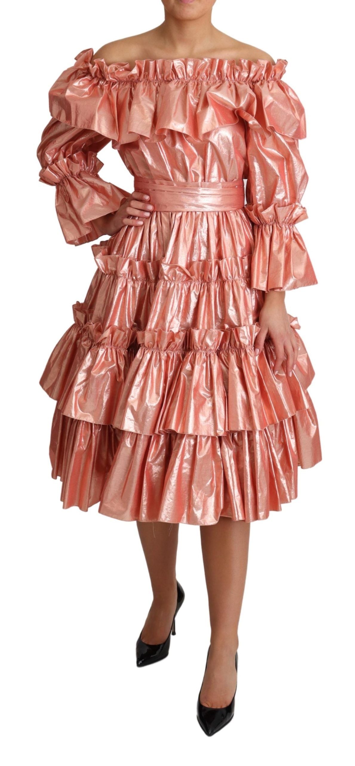 Dolce &amp; Gabbana Pink Metallic Ruffled Gown Elegance