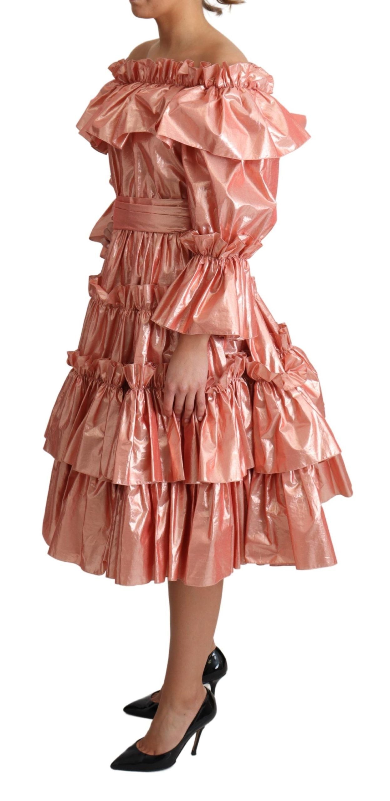 Dolce &amp; Gabbana Pink Metallic Ruffled Gown Elegance