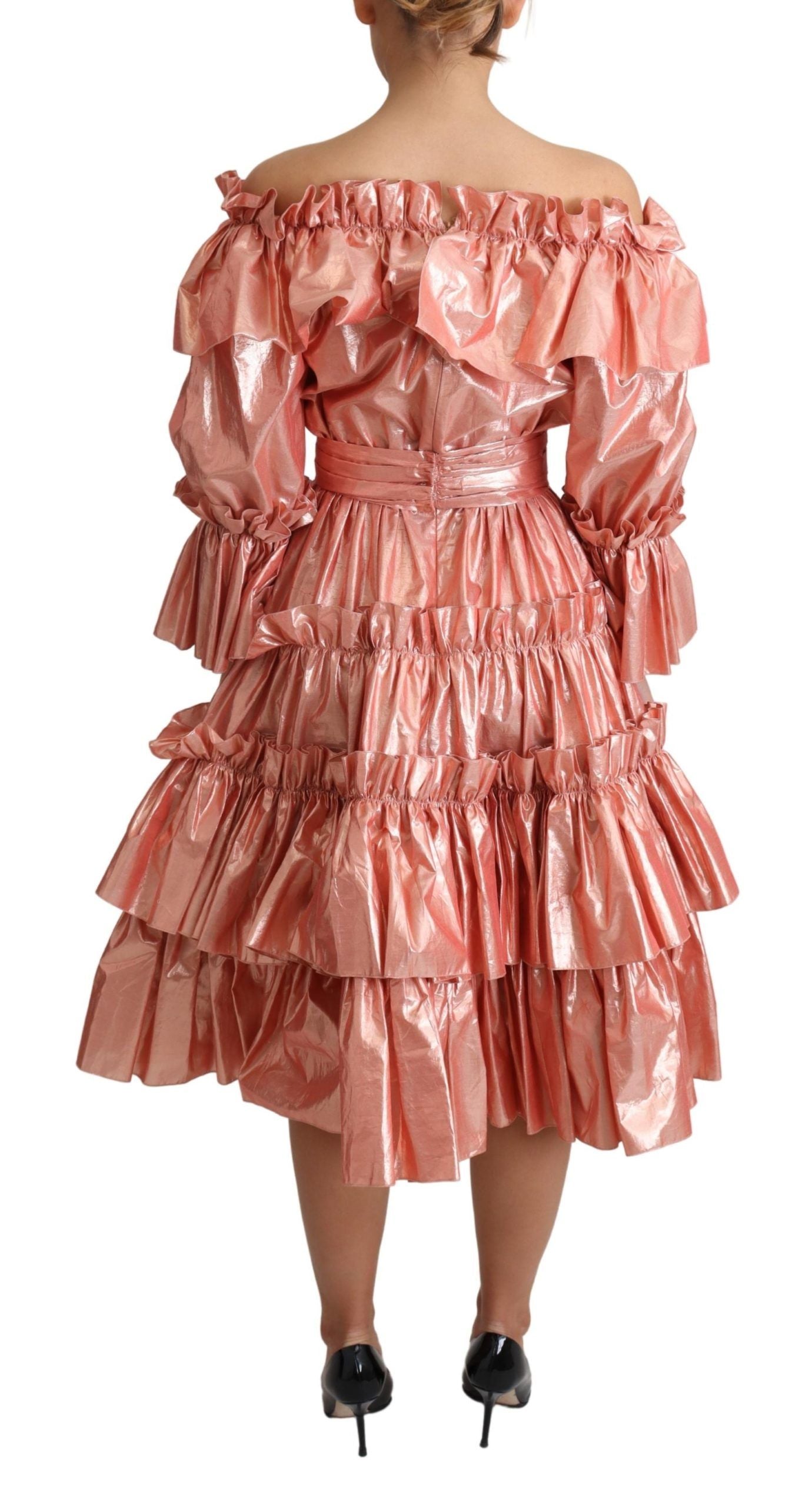 Dolce &amp; Gabbana Pink Metallic Ruffled Gown Elegance