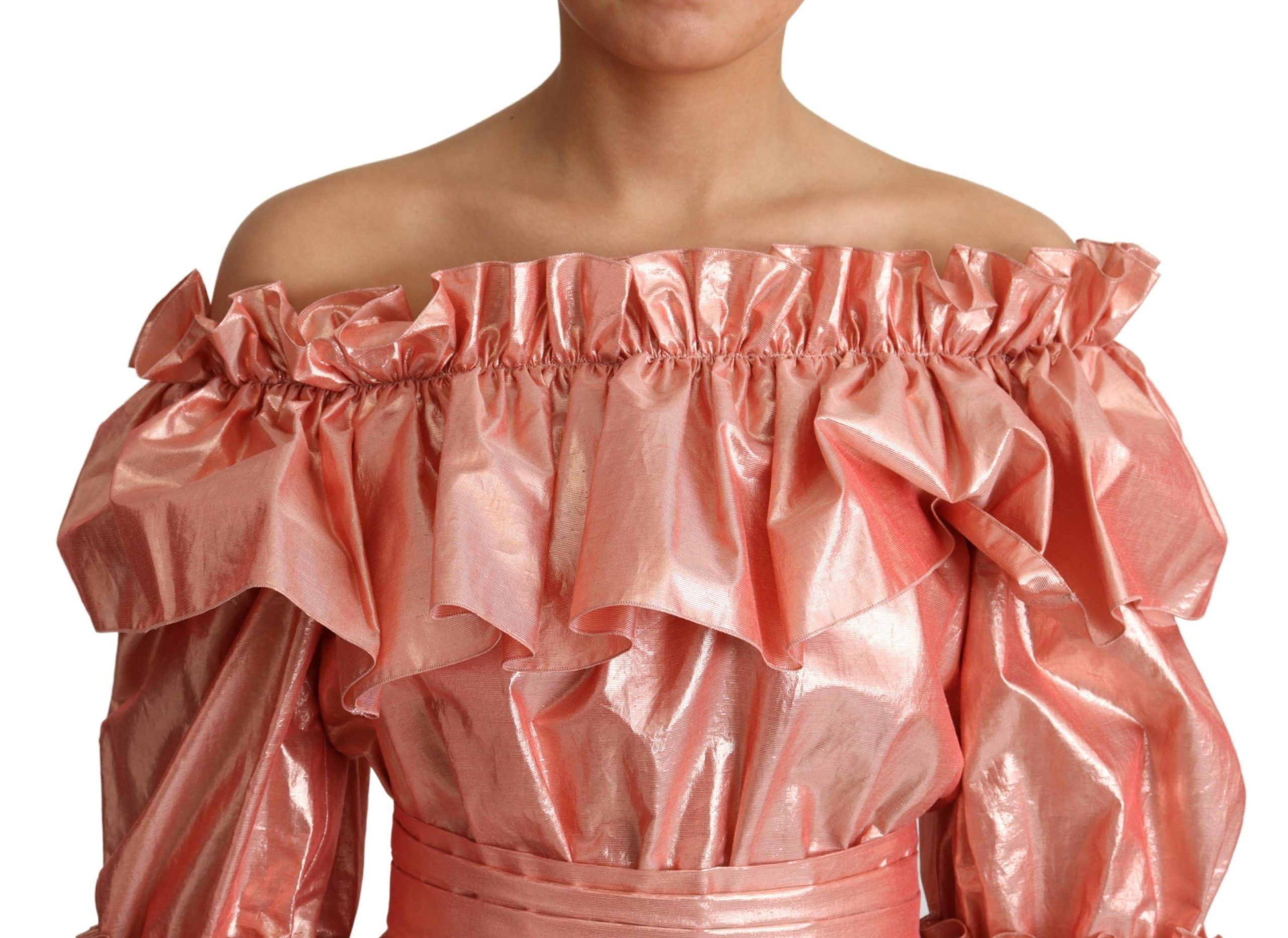 Dolce &amp; Gabbana Pink Metallic Ruffled Gown Elegance