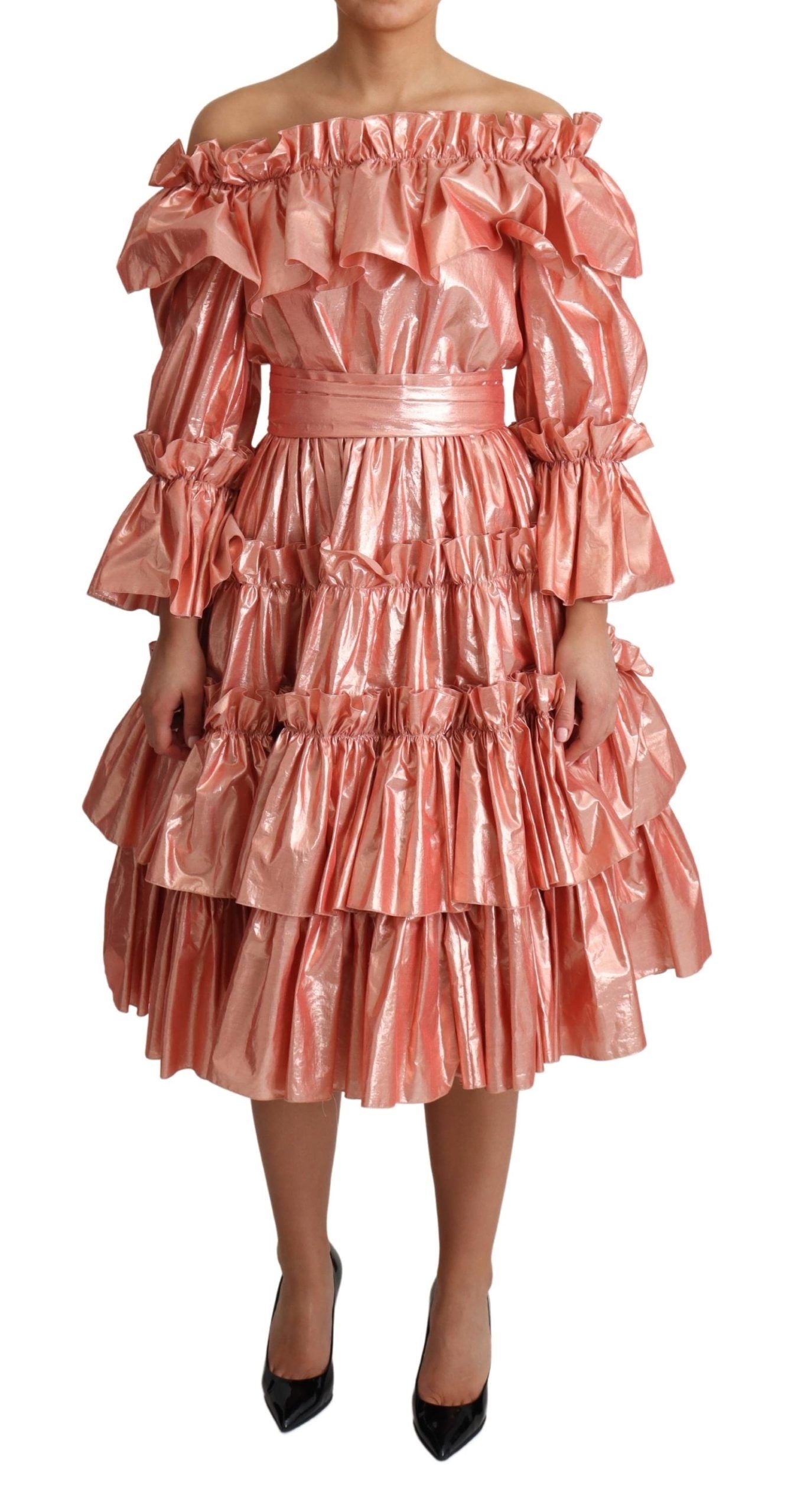 Dolce &amp; Gabbana Pink Metallic Ruffled Gown Elegance