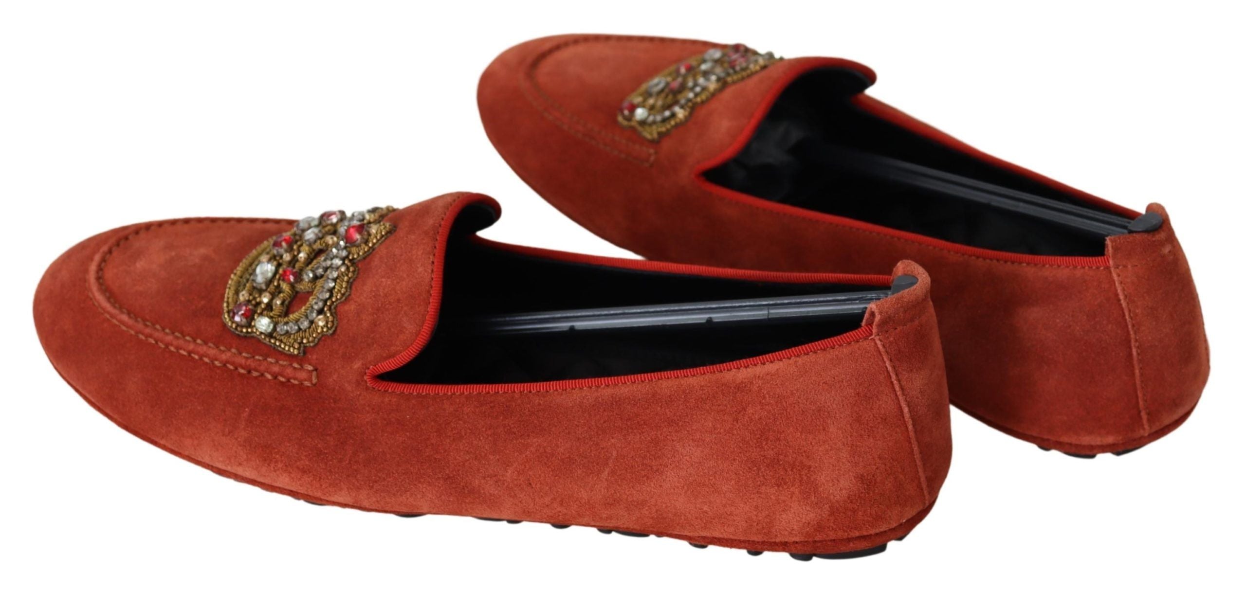 Dolce & Gabbana Opulent Orange Leather Loafers with Gold Embroidery