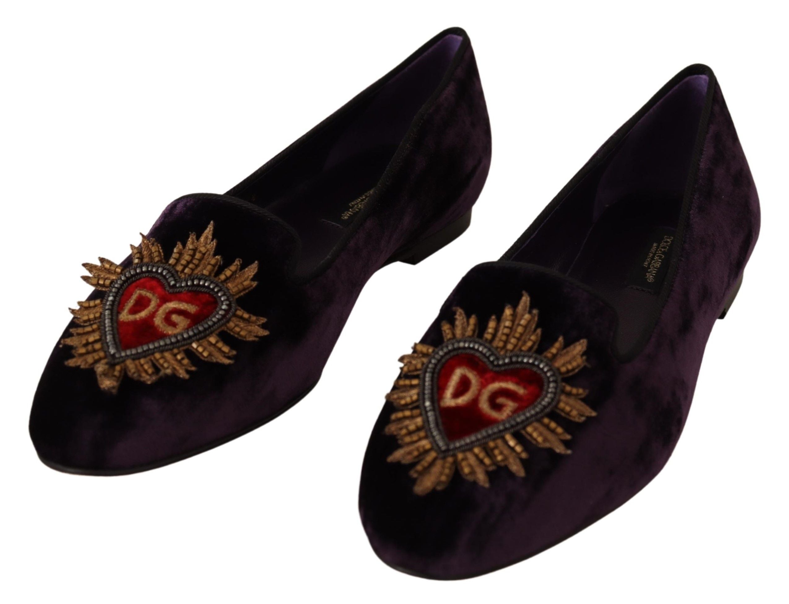 Dolce &amp; Gabbana Chic Purple Velvet Loafers με λεπτομέρεια καρδιάς