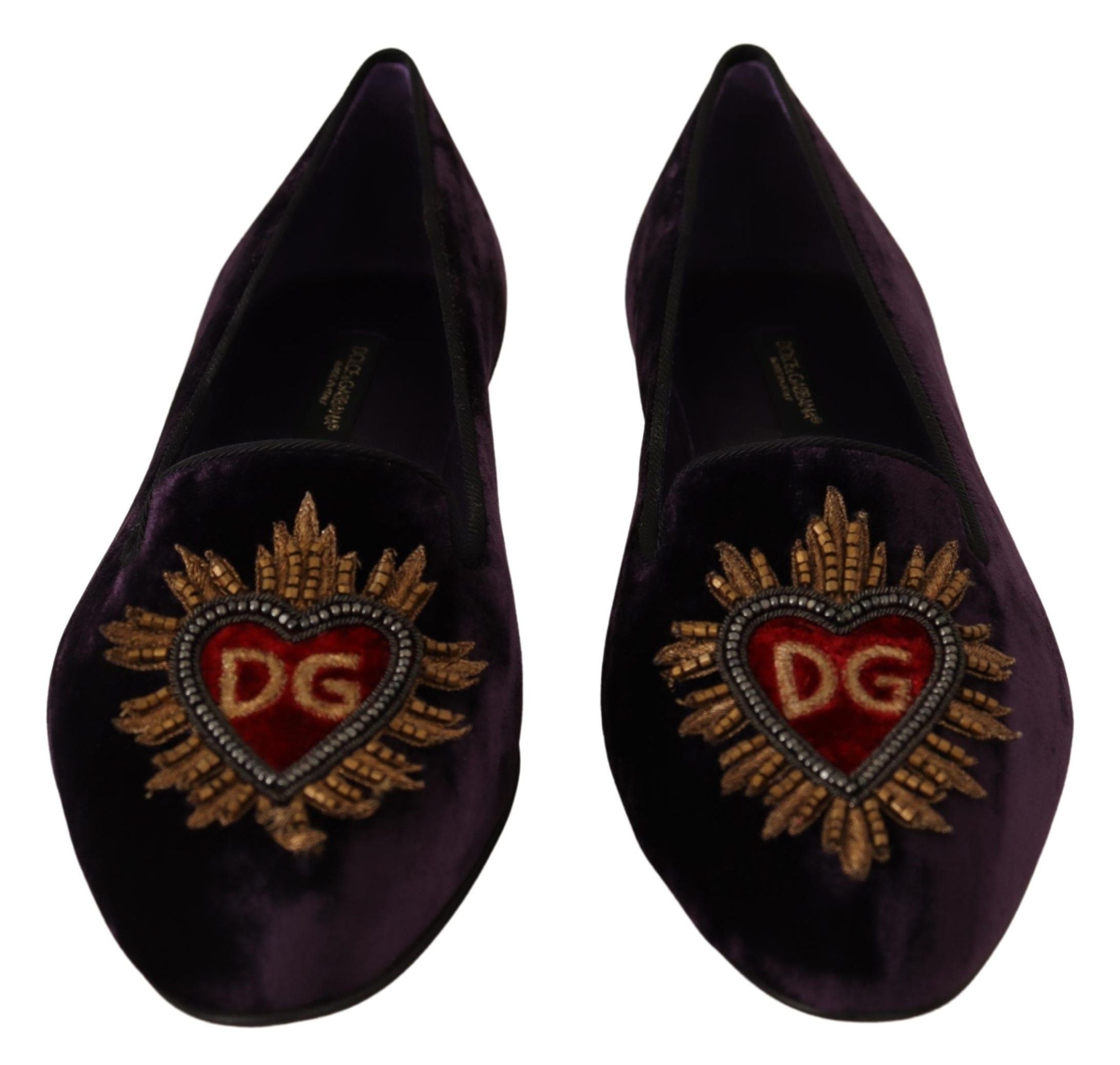 Dolce &amp; Gabbana Chic Purple Velvet Loafers με λεπτομέρεια καρδιάς