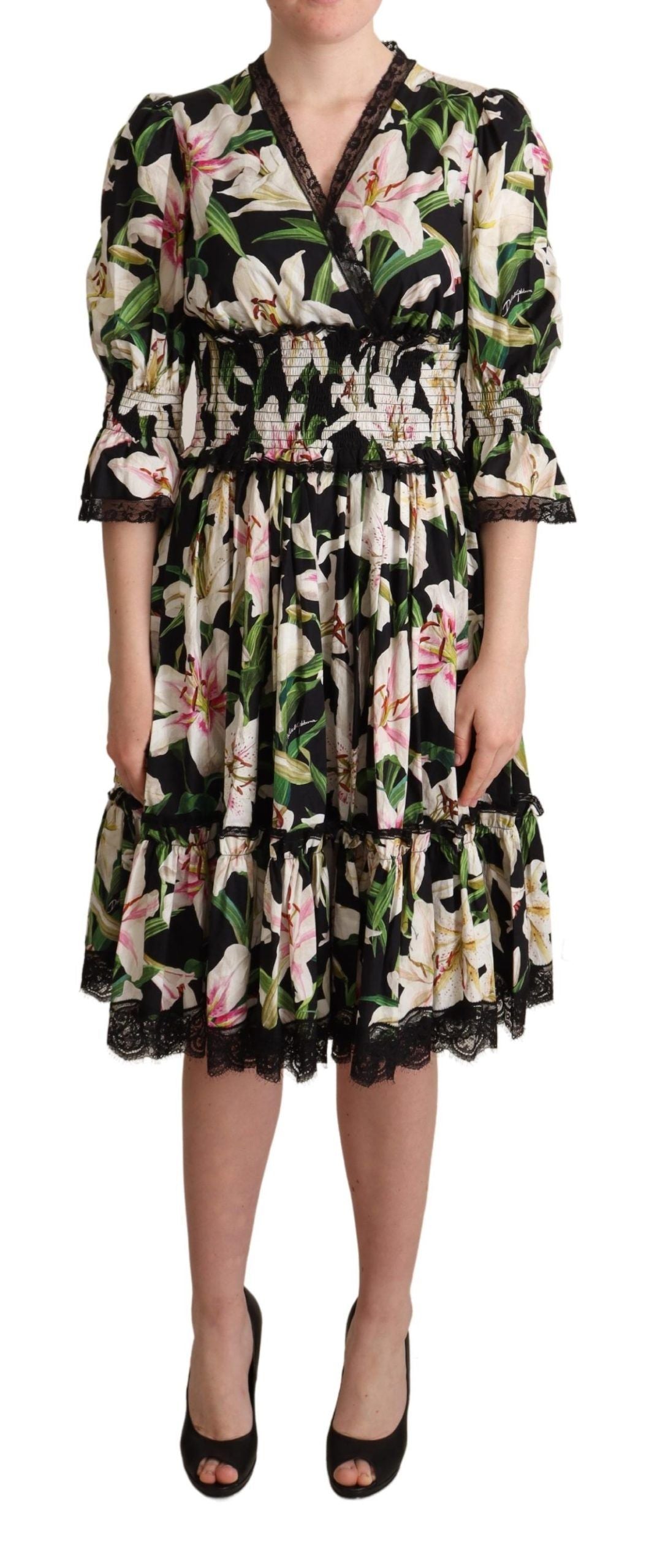 Κομψό Midi φόρεμα Dolce &amp; Gabbana με Lily Print με δαντέλα