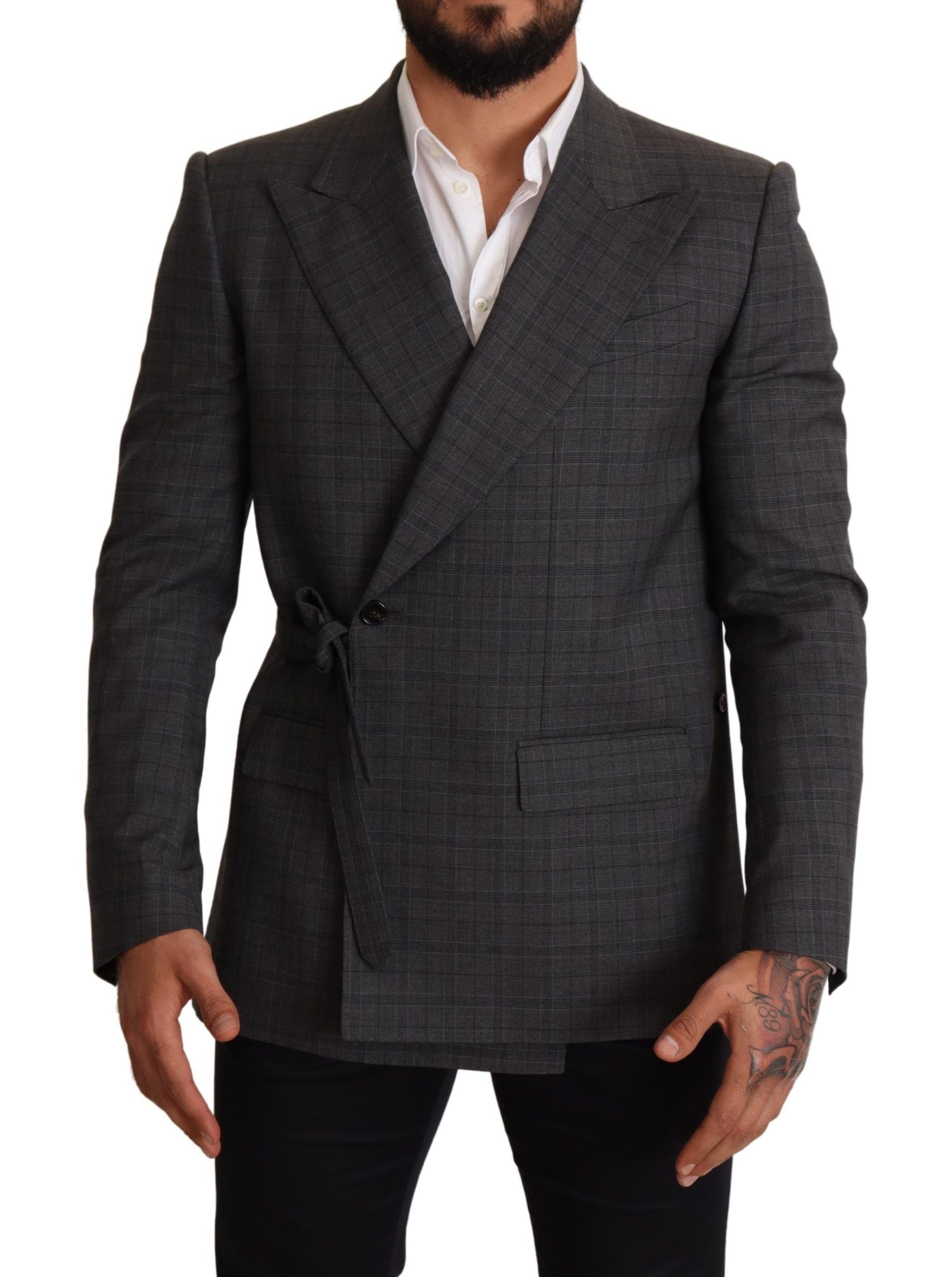 Dolce &amp; Gabbana Chic Grey Check Martini Slim Fit Double Breasted Blazer