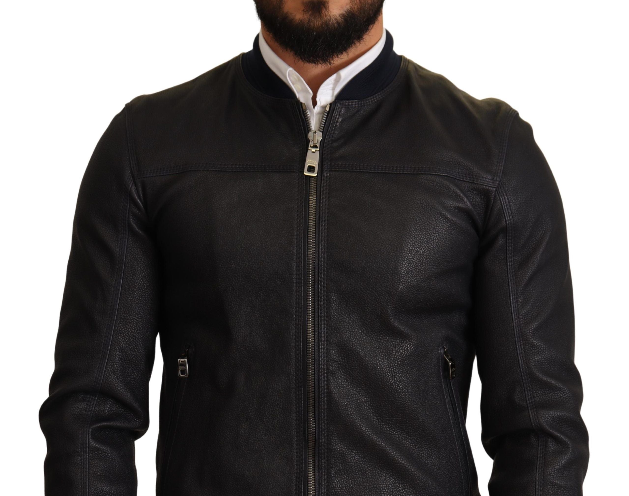 Κομψό δερμάτινο Bomber Jacket Dolce &amp; Gabbana σε σκούρο μπλε