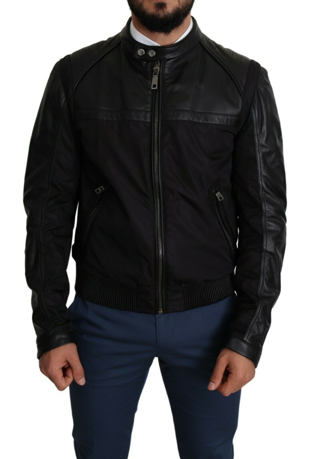 Dolce &amp; Gabbana Elegant Black Bomber με δερμάτινες πινελιές