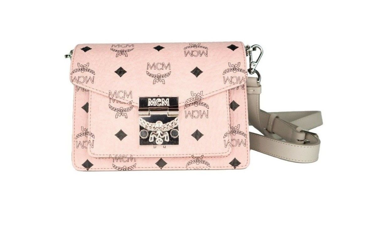 MCM Signature Soft Pink Diamond Logo Δερμάτινο Mini Flap Lock Crossbody τσάντα