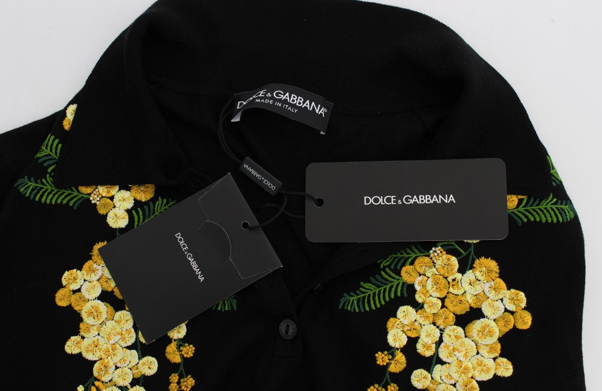 Dolce &amp; Gabbana Κομψό μαύρο μεταξωτό λουλουδάτο τοπ πόλο