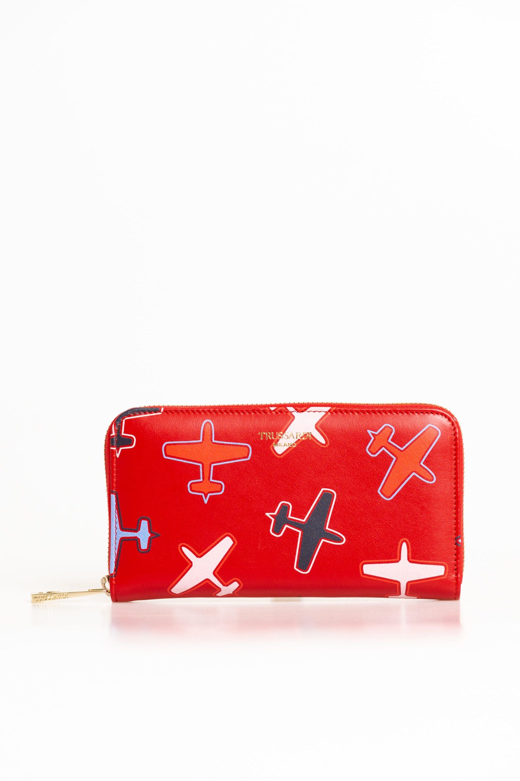 Κόκκινο δερμάτινο πορτοφόλι Trussardi Chic Airplane Print