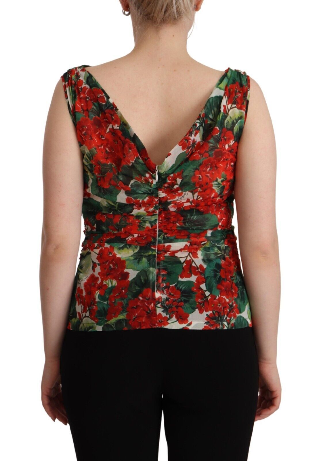 Dolce & Gabbana Elegant V-Neck Geranium Print Silk Tank Top