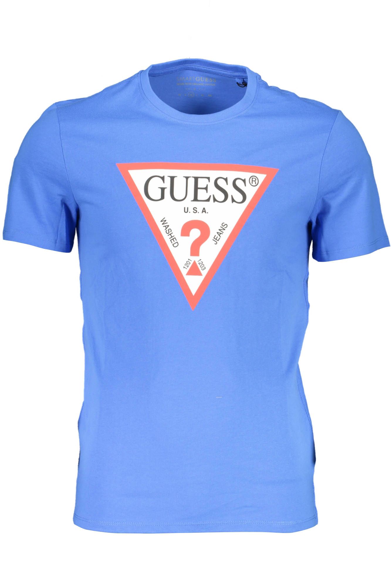 Μπλε βαμβακερό μπλουζάκι Guess Jeans Slim Fit με τύπωμα λογότυπου