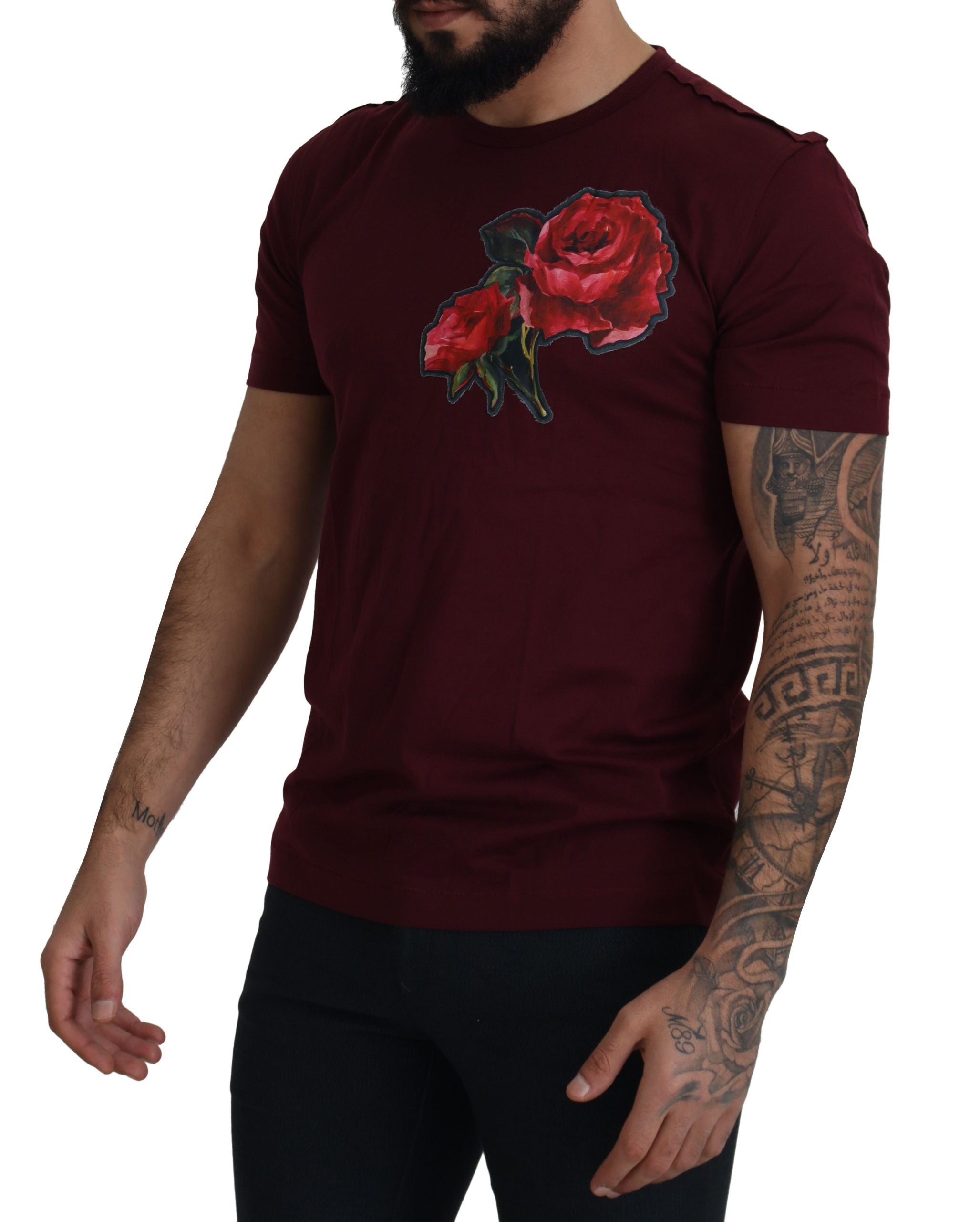 Dolce &amp; Gabbana Elegant Bordeaux Roses Motif Tee Crewnneck