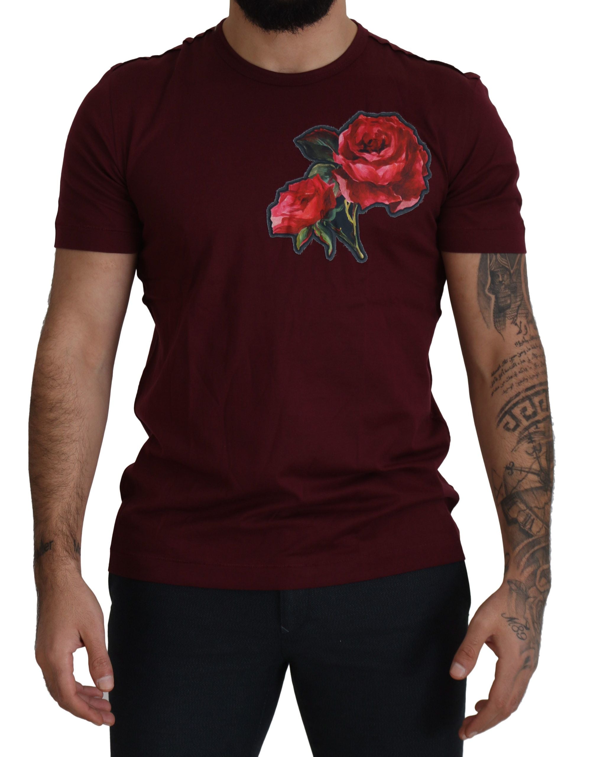 Dolce &amp; Gabbana Elegant Bordeaux Roses Motif Tee Crewnneck