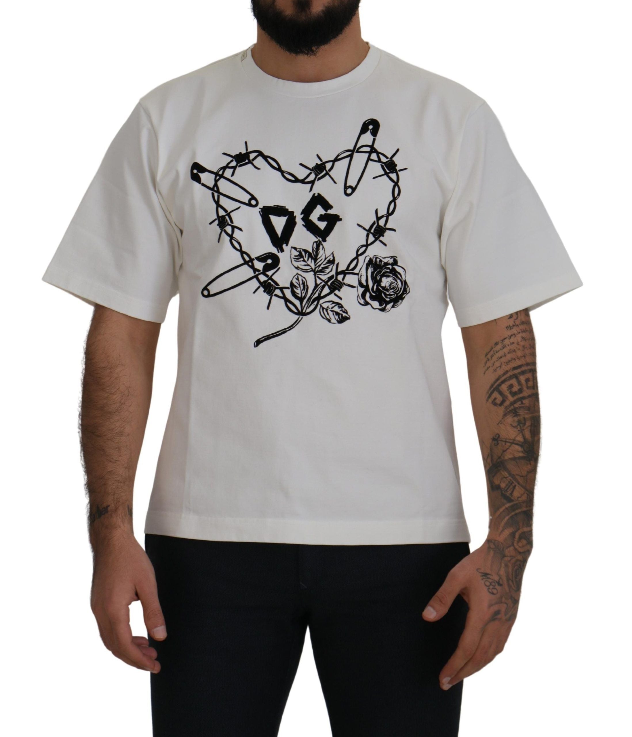 Dolce &amp; Gabbana Elegant White Heart Roses Crewnneck Tee