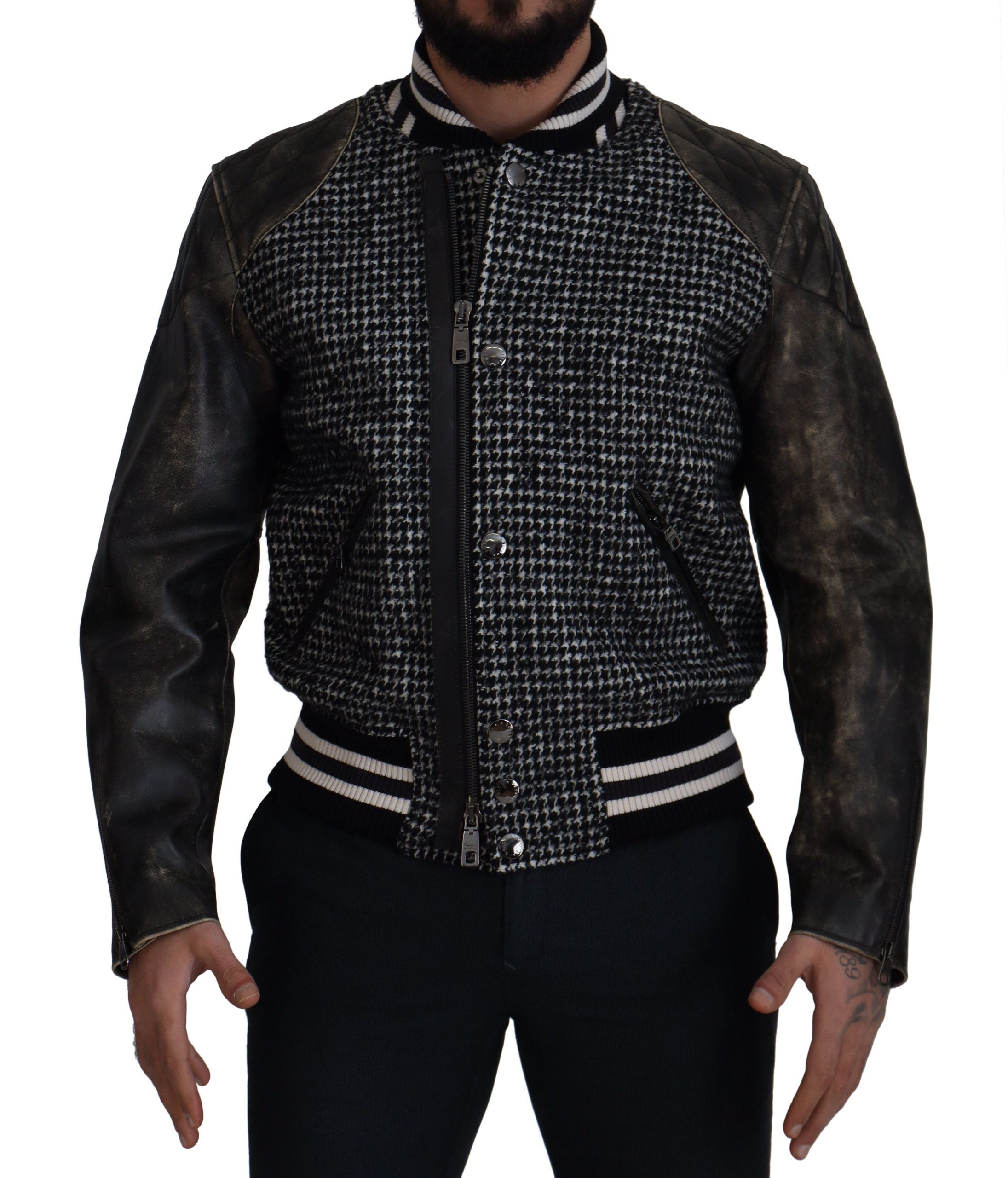 Dolce &amp; Gabbana Πολύχρωμο Houndstooth Δερμάτινο Bomber Jacket