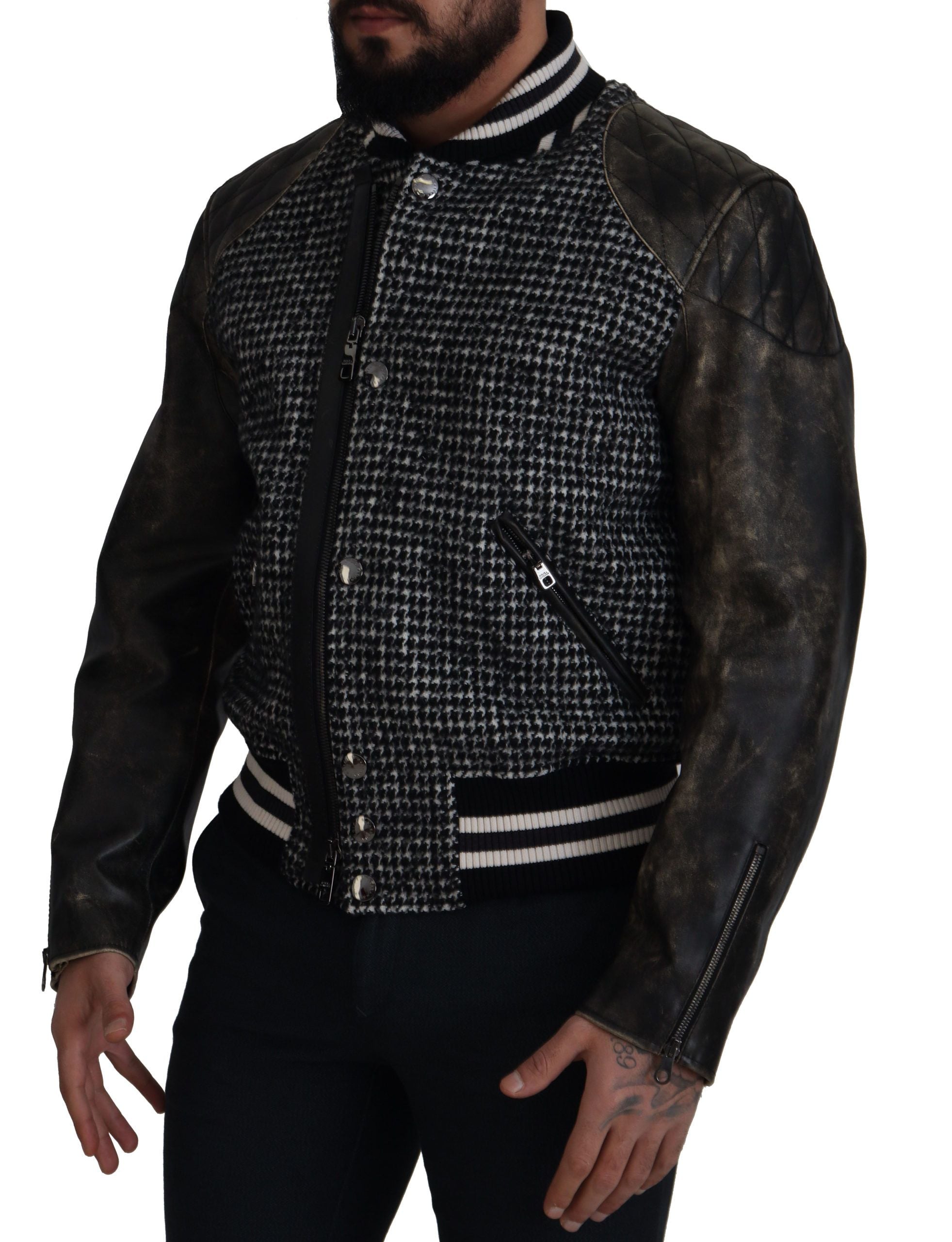 Dolce &amp; Gabbana Πολύχρωμο Houndstooth Δερμάτινο Bomber Jacket