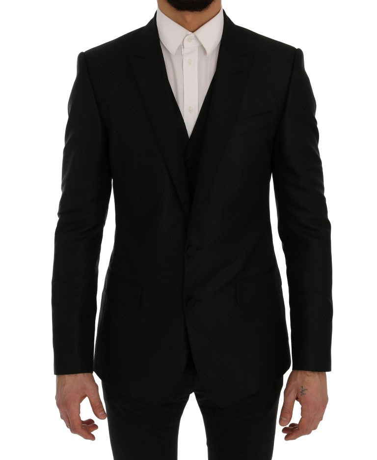 Dolce &amp; Gabbana Κομψό Μαύρο και Μπλε Silk Blend Blazer Σετ