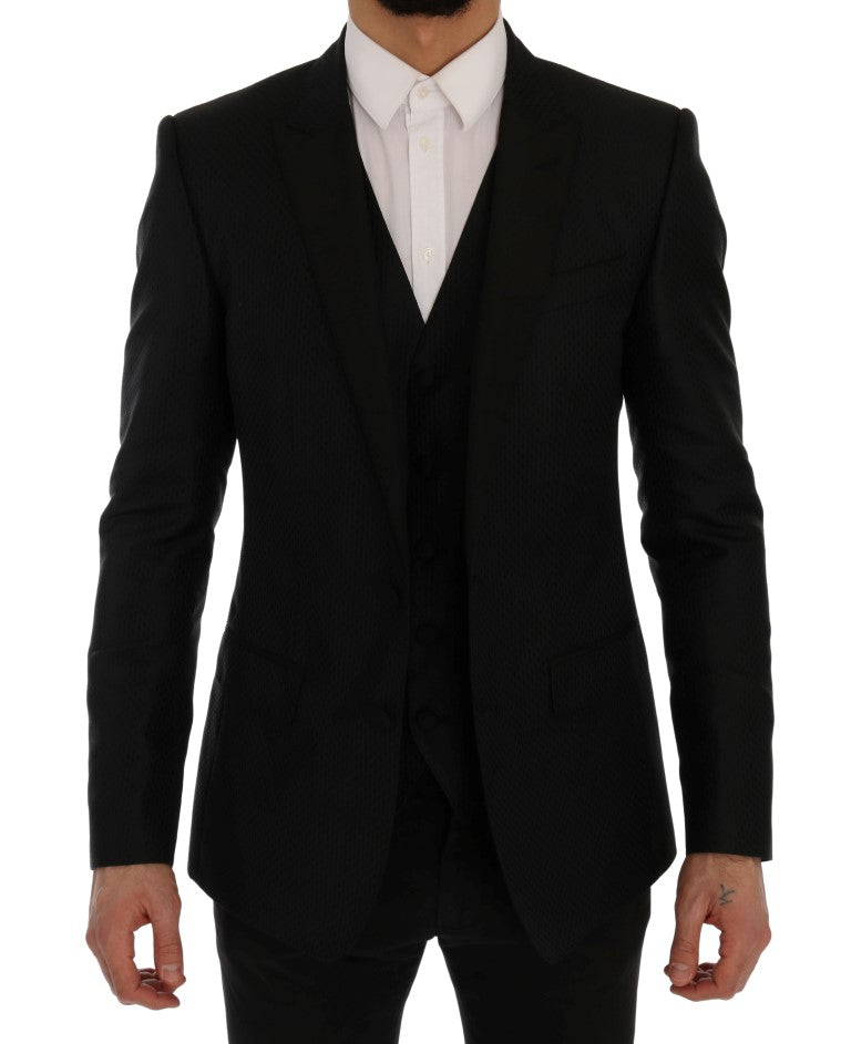 Dolce &amp; Gabbana Κομψό Μαύρο και Μπλε Silk Blend Blazer Σετ