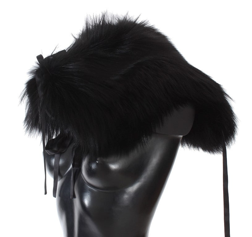 Dolce & Gabbana Elegant Black Fox Fur Silk Shoulder Wrap