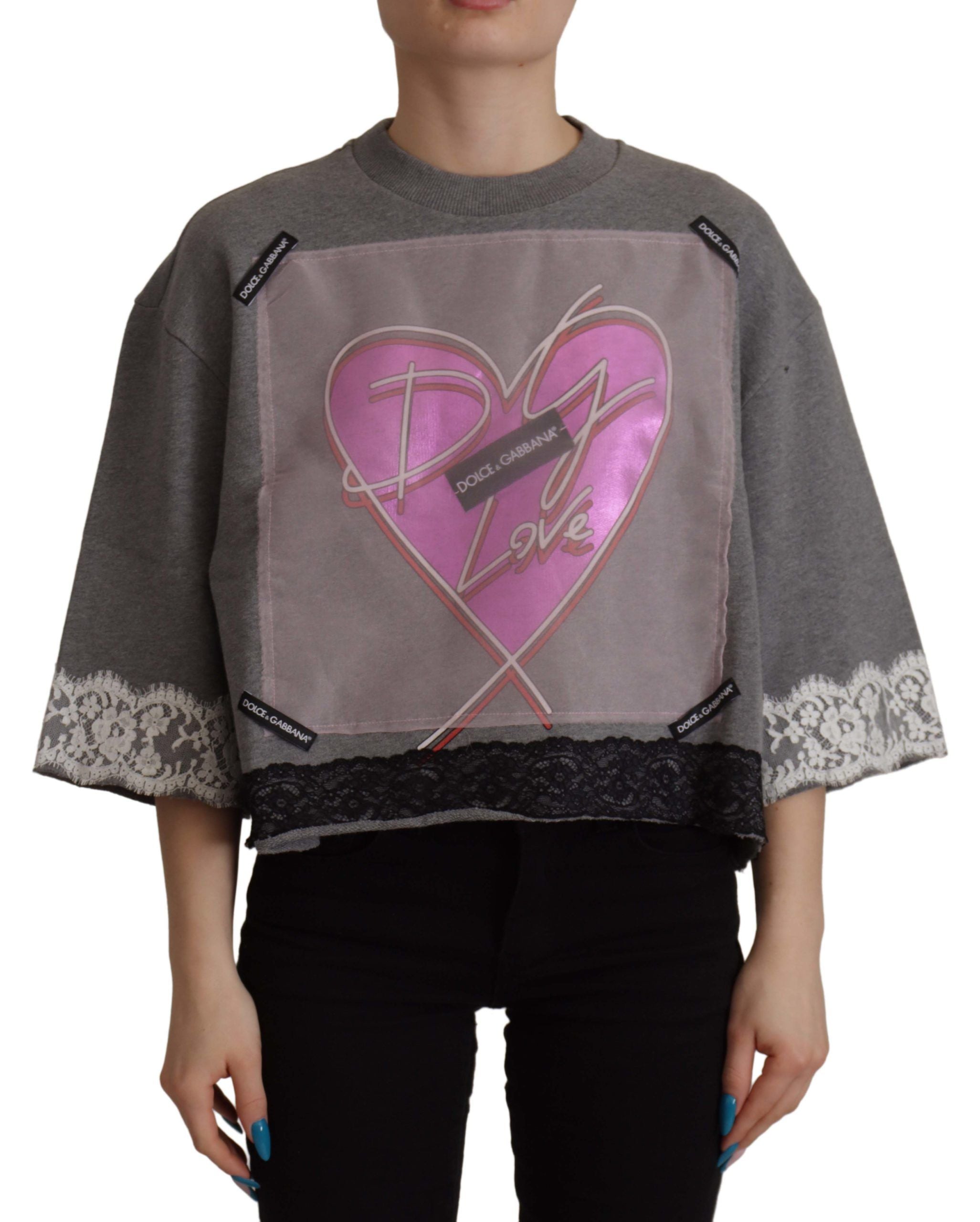 Dolce &amp; Gabbana Chic Grey Cotton Heart Tee με μανίκια καμπάνα