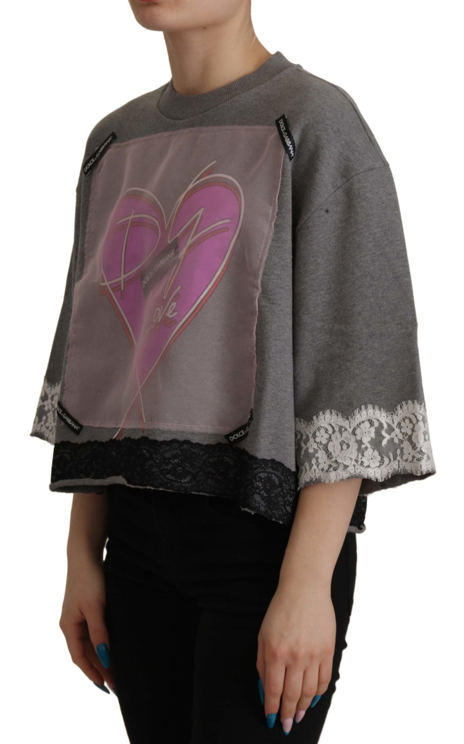 Dolce &amp; Gabbana Chic Grey Cotton Heart Tee με μανίκια καμπάνα