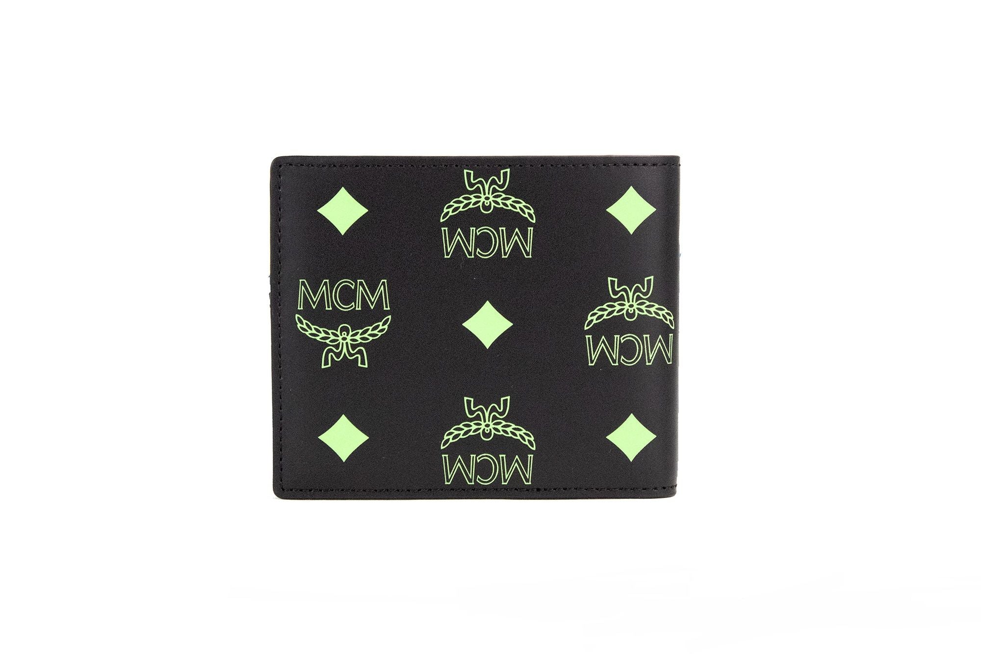 MCM Small Black Summer Green Smooth Visetos Monogram Logo Δερμάτινο δίπτυχο πορτοφόλι