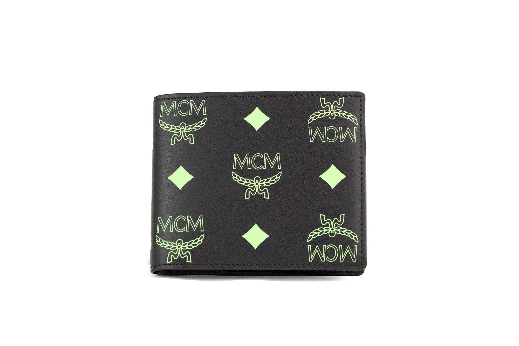 MCM Small Black Summer Green Smooth Visetos Monogram Logo Δερμάτινο δίπτυχο πορτοφόλι