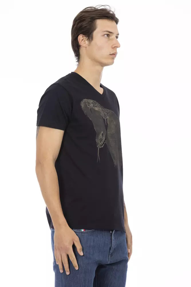 Μαύρο μπλουζάκι Trussardi Action V-Neck με κομψή στάμπα μπροστά