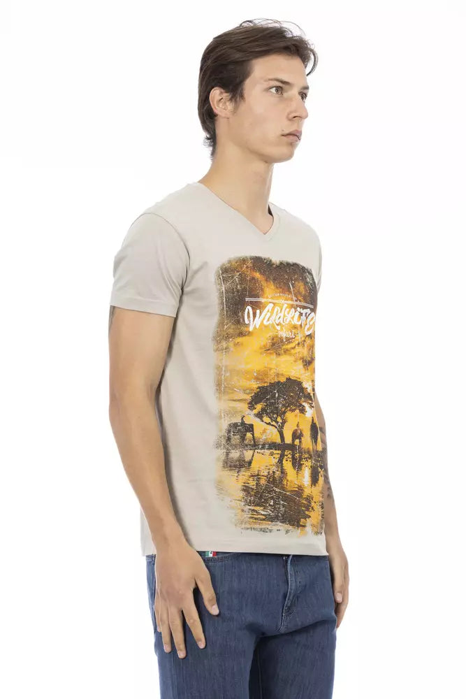 Μπλουζάκι Trussardi Action Beige V-Neck με κομψό μπροστινό τύπωμα