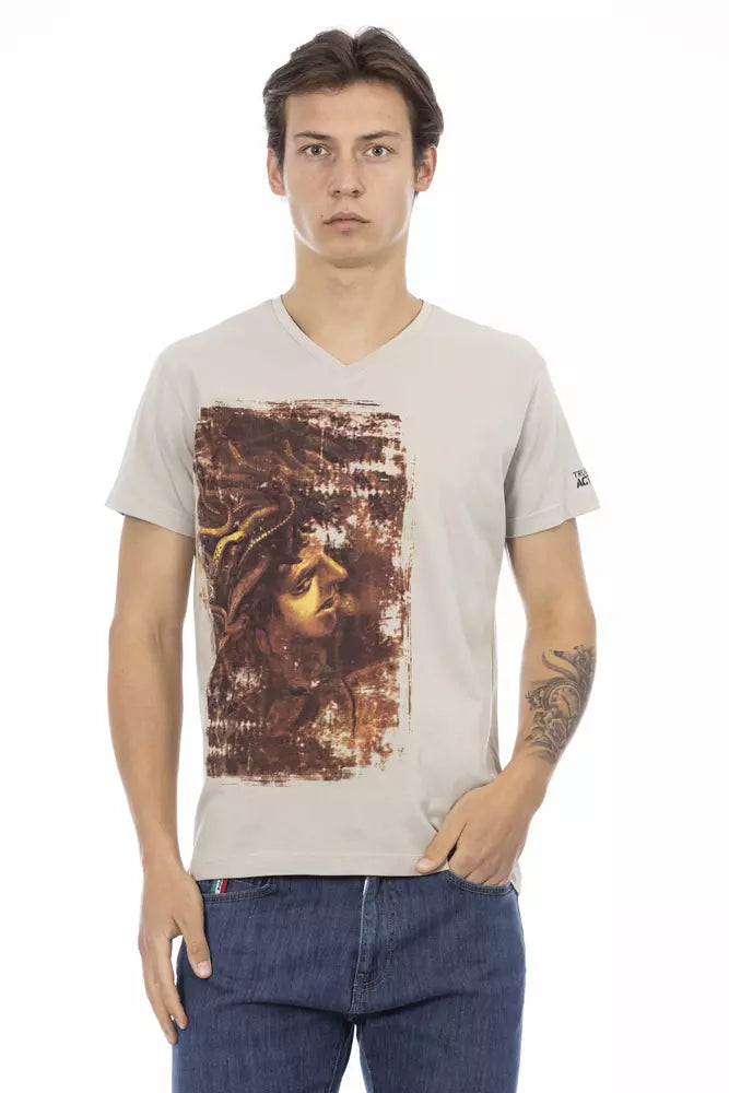 Trussardi Action Beige Tee V-Neck με κομψή στάμπα μπροστά