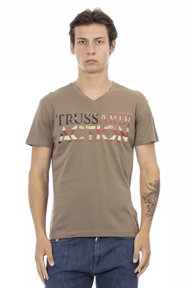 Trussardi Action Brown Cotton Men V-Neck T-Shirt